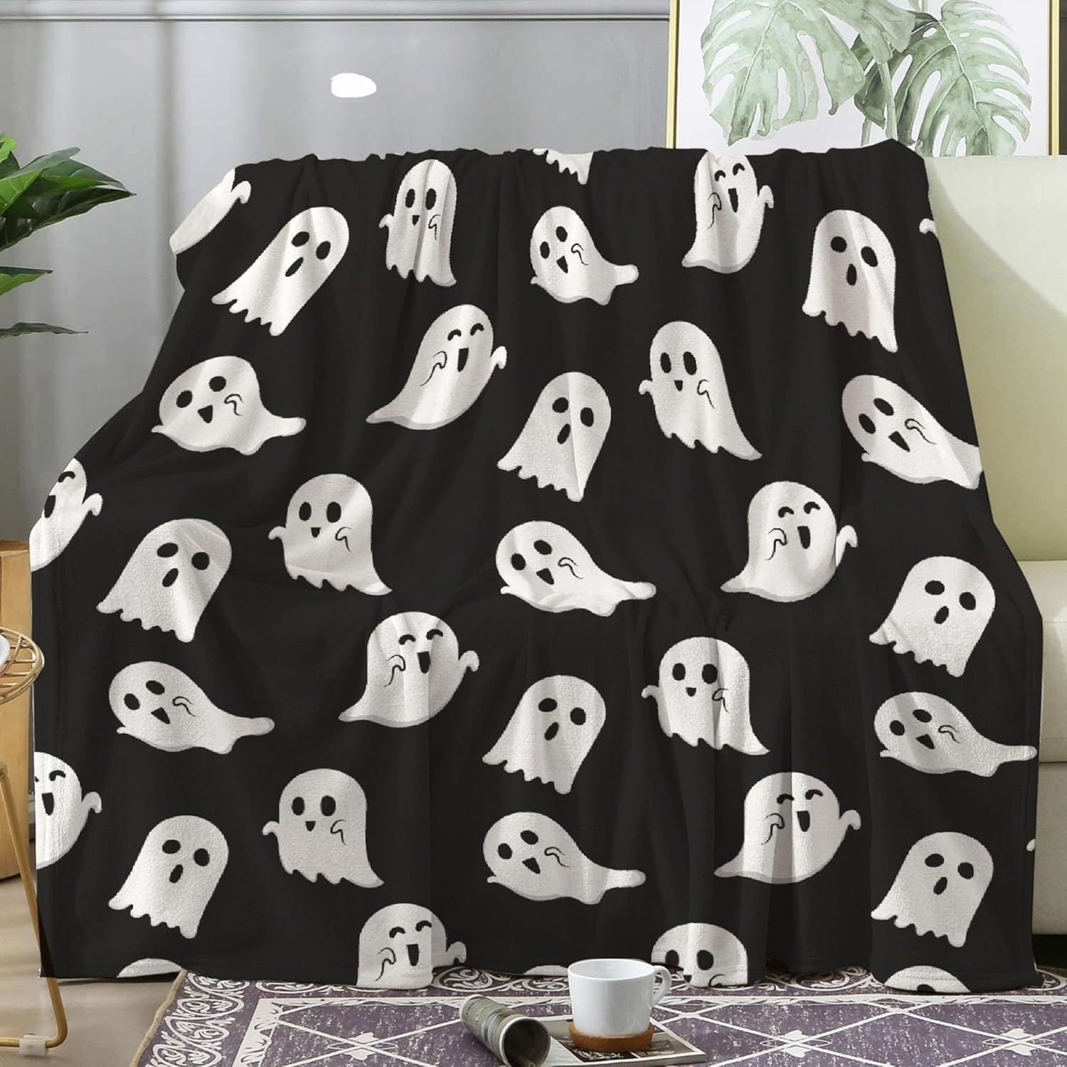 Khumbhira Cute Little Funny Ghost Blanket Gift for Girls Boys, Spooky Decor Plush Soft Fleece Flannel Black White Spooky Halloween Throw Blanket Sheet for Teens Chair Sofa Bed 50X60In