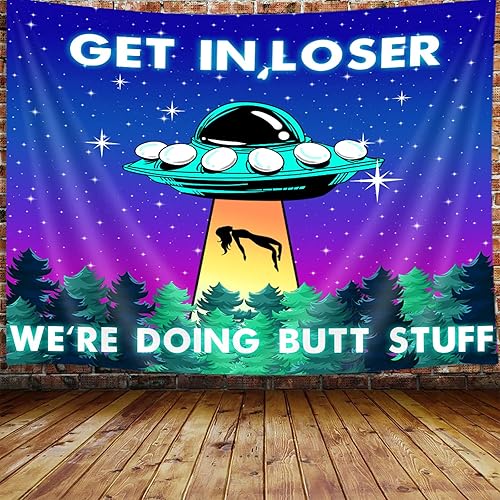 MERCHR Divertido tapiz OVNI, tapiz único de alienígena, azul y morado, espacio estrellado, tapiz colgante de pared para hombres y niños, tapiz