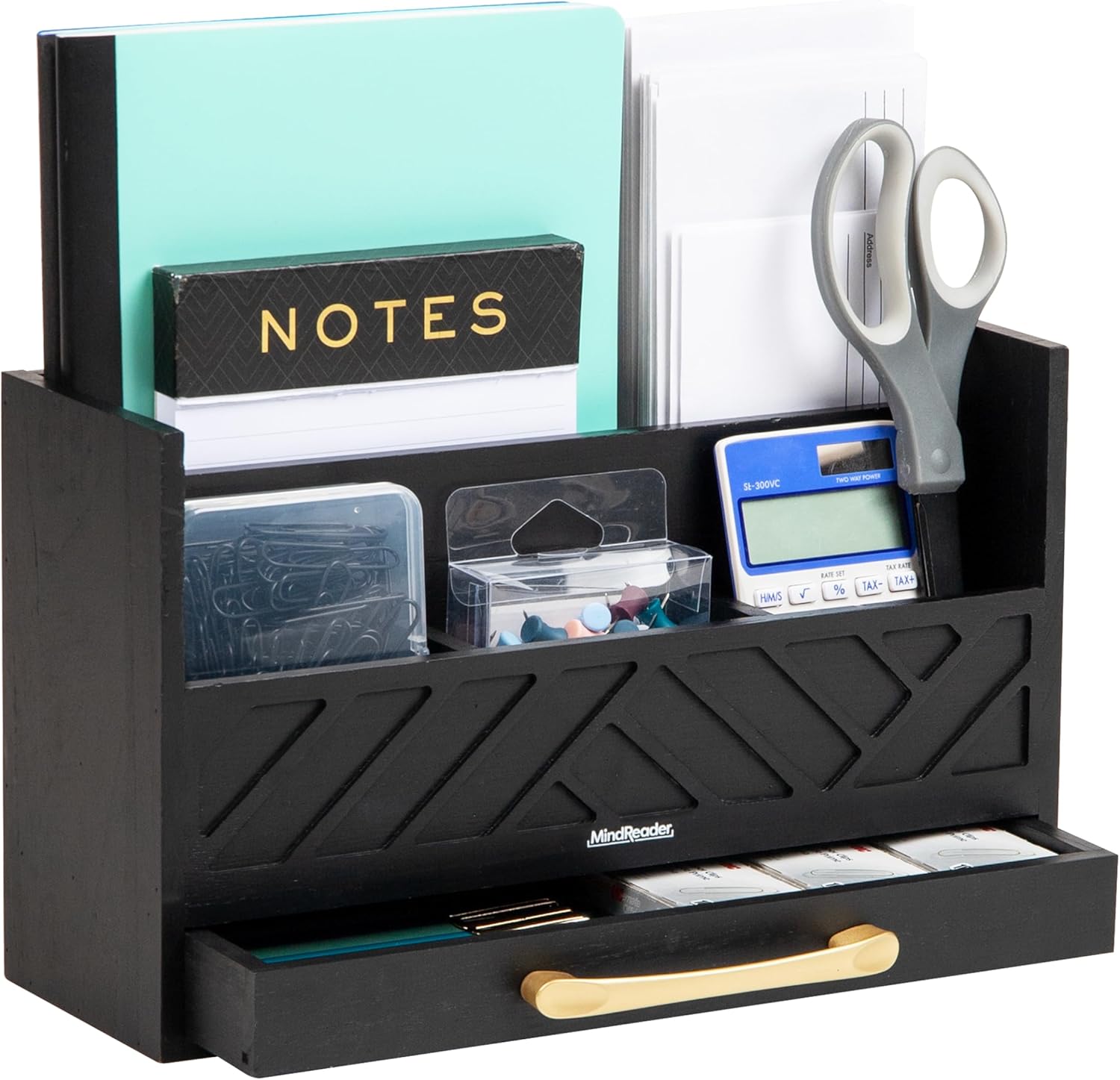 Mind Reader 5-Compartment Desktop Organizer, Rustic Wooden Storage Rack with Drawer for Papers, Accessories, and Office Supplies, 12.5" L x 4.25" W x 7.5" H, Black