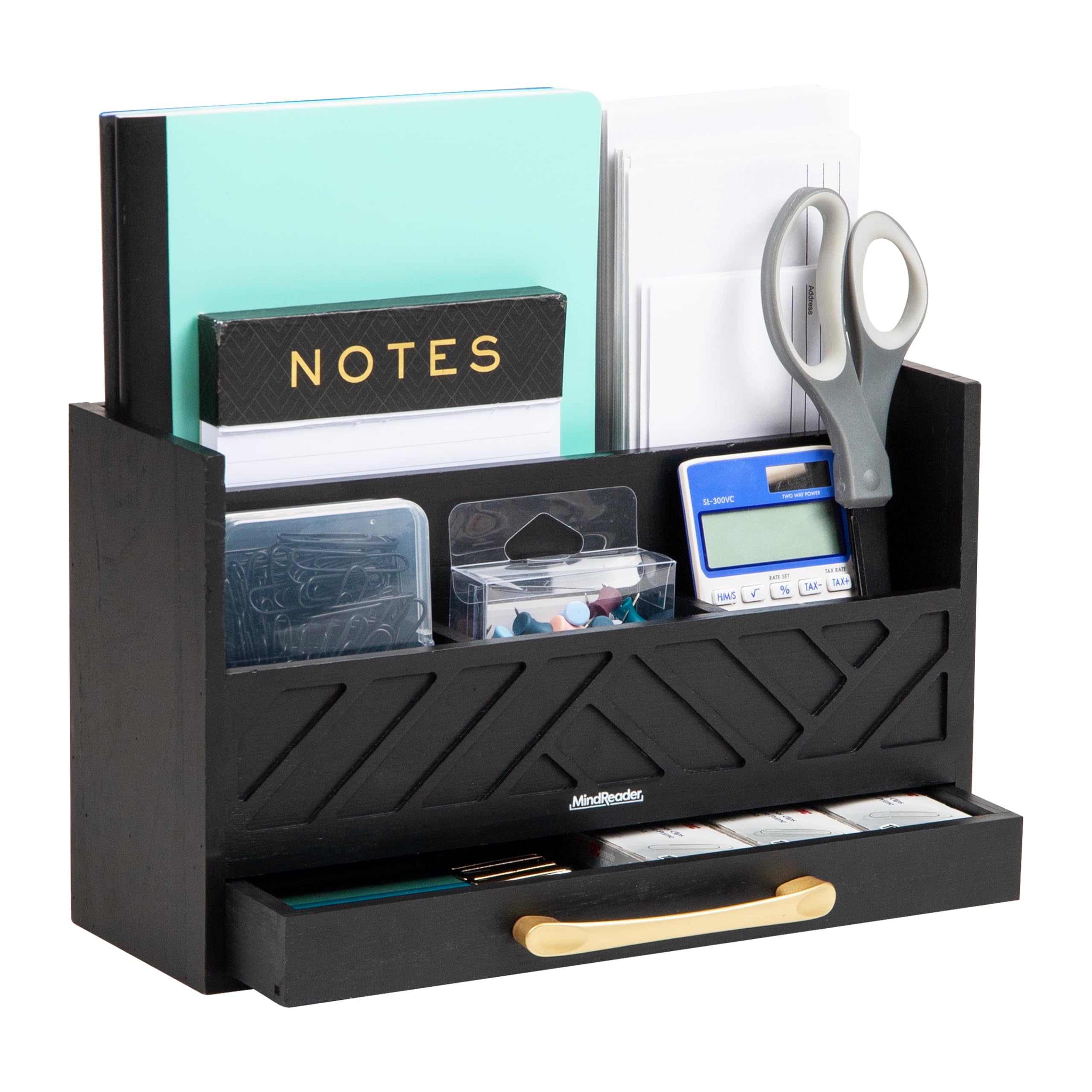 Mind Reader Schreibtisch-Organizer mit 5 Fächern, rustikales Holzregal mit Schublade für Papiere, Zubehör und Bürobedarf, 31,8 cm L x 10,8 cm B x 19,1 cm H, Schwarz