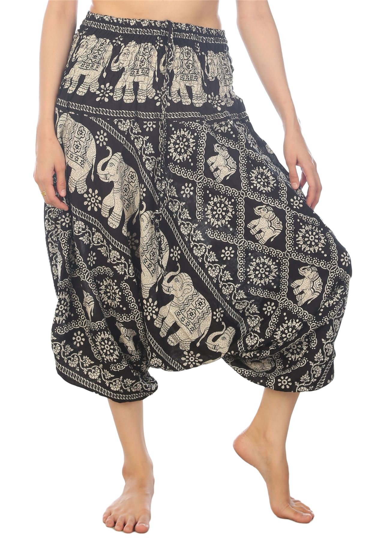 Lofbaz Women's Thai Elephant Harem Trousers Smocked Jumpsuit Black S