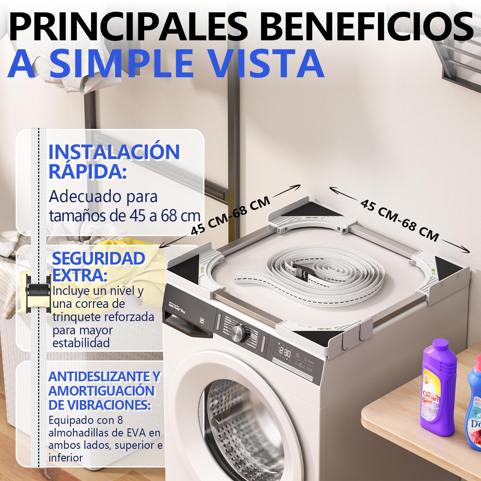 Slimline - Kit de apilamiento para Lavadora y Secadora, Marco Universal para electrodomésticos de 45-68 cm, diseño Que Ahorra Espacio con Correa de trinquete y 4 Ganchos multifunción (Blanco)