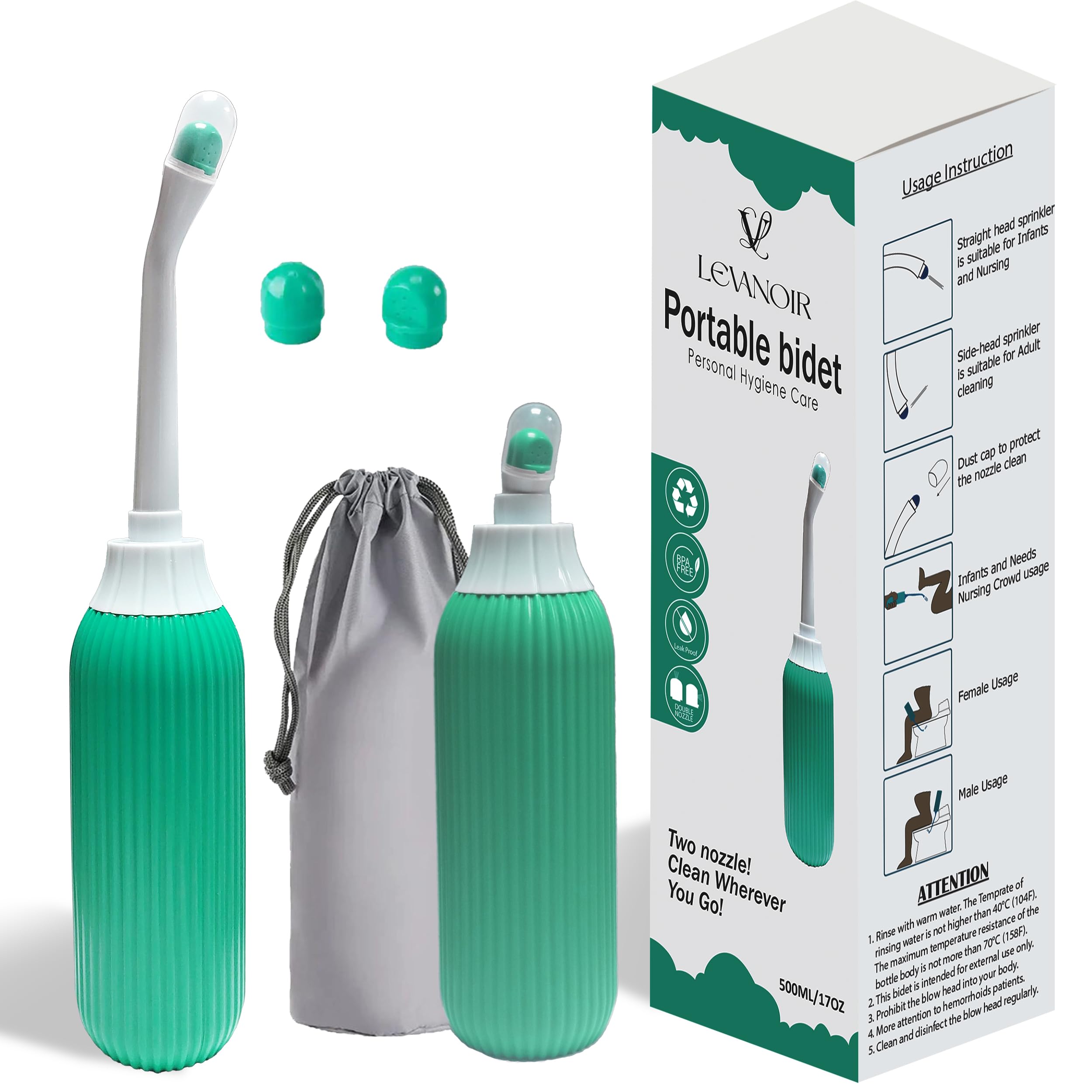 Levanoir Portable Shattaf 500ml - Travel Bidet Sprayer with Extended Nozzle - Personal Hygiene Spray for Toilet Use - Green شطاف المسافر