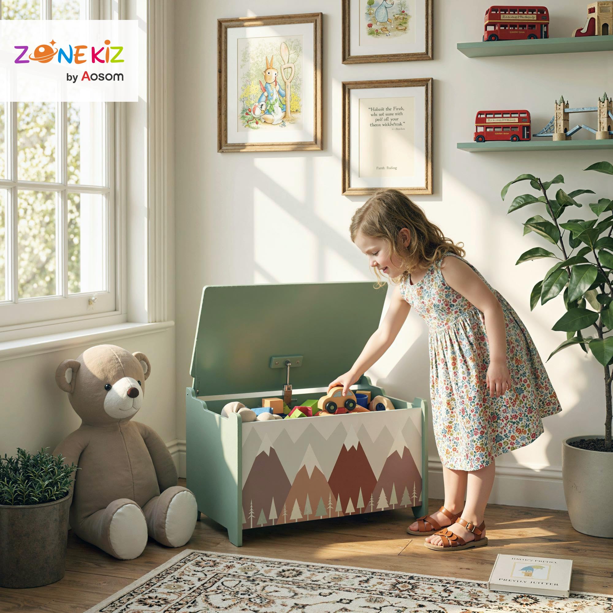 ZONEKIZ Coffre à jouet enfant avec couvercle rabattable, motif de forêt, coffre de rangement enfant, coins arrondis et poignée latérale, rangement jouet pour filles garçons, 60 x 37 x 39 cm, vert