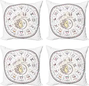 Ambesonne Zodiac Decorative Throw Pillow Case Pack of 4, Western Chart with All Signs Aries Virgo Leo Taurus Libra Mystique Fate Calendar, Cushion Cover for Couch Living Room Car, 18