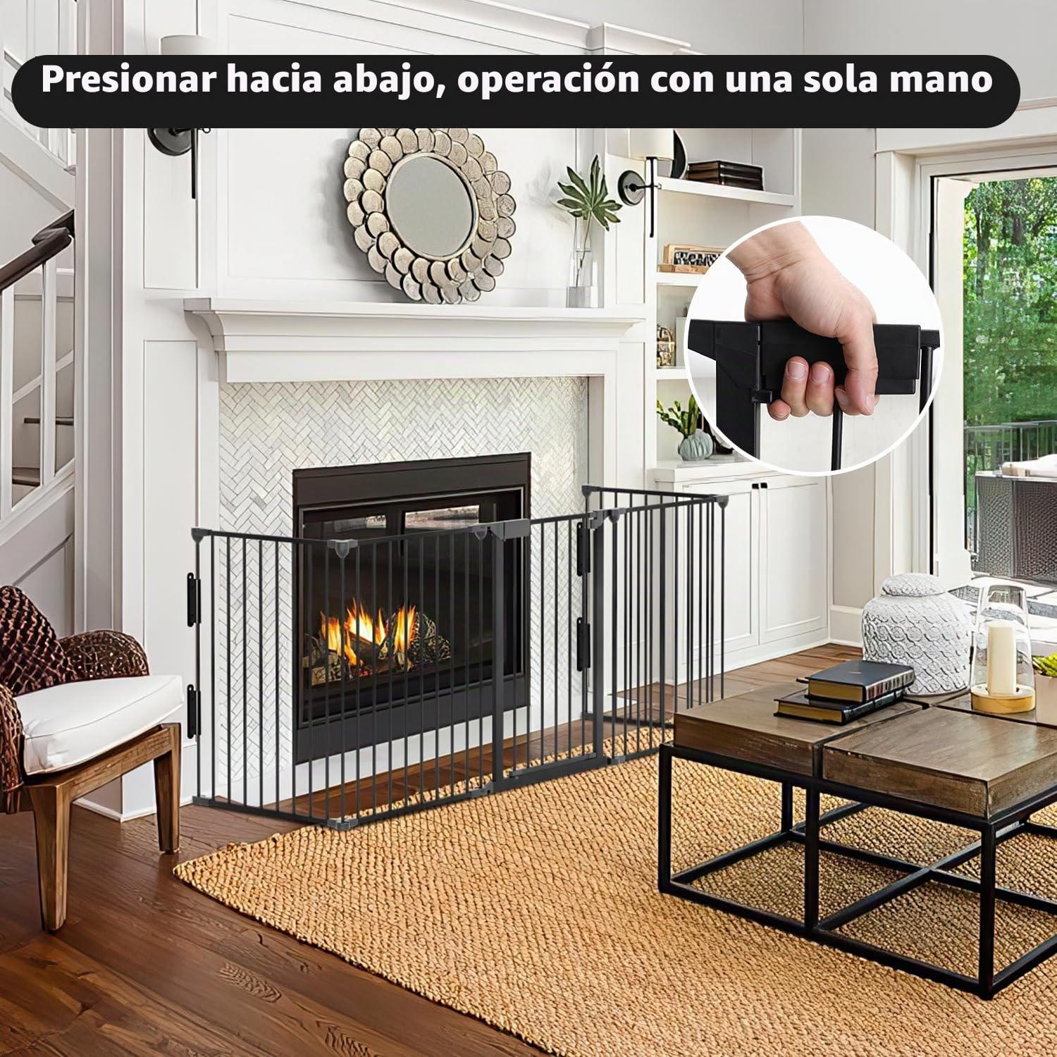 Rejilla protectora para chimenea con puerta, 310 cm, protección animal y seguridad infantil, incluye 5 elementos, parque plegable, color negro