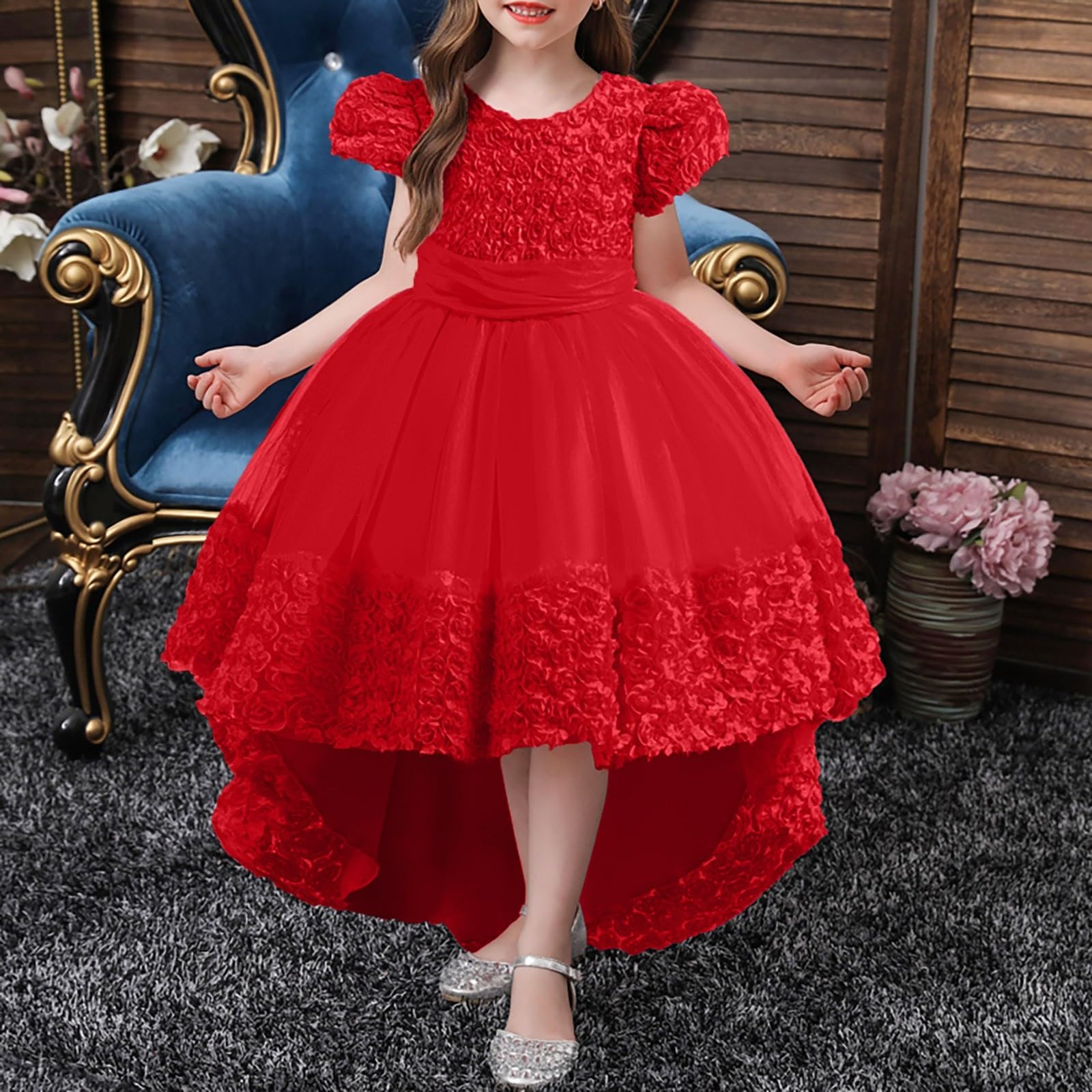HLTYGWX Kleider für Mädchen, Rock, Mädchenkleider, Kleider für Blumenmädchen, Spitze, Hochzeit, Party, formelles langes Kleid
