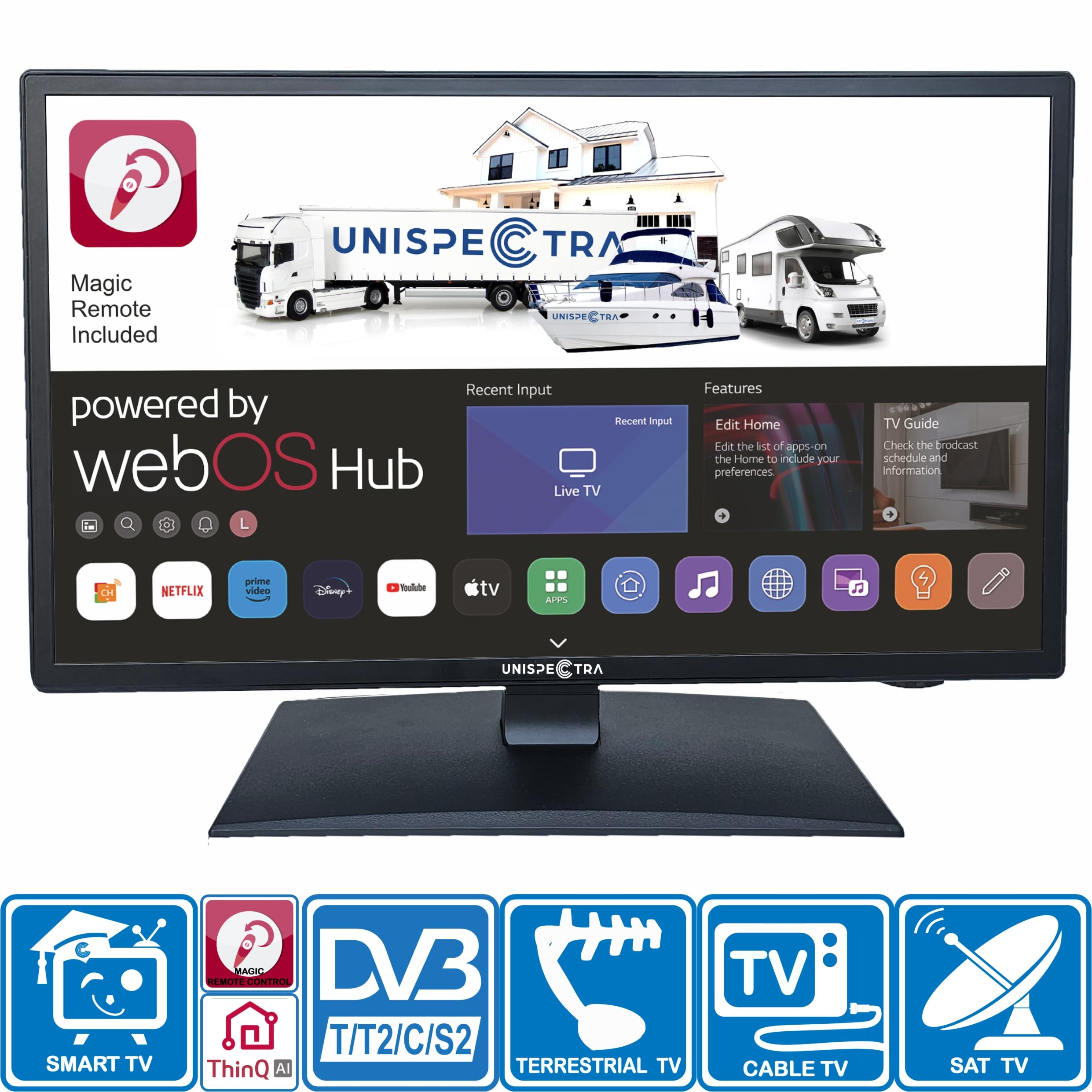 Unispectra ® 22“ Smart TV (webOS) mit Magic-Fernbedienung Full HD 230V 24V Triple Tuner: Satellit, Antenne, Kabel TV. 12V Fernseher für Wohnmobile, Wohnwagen, LKWs, Boote