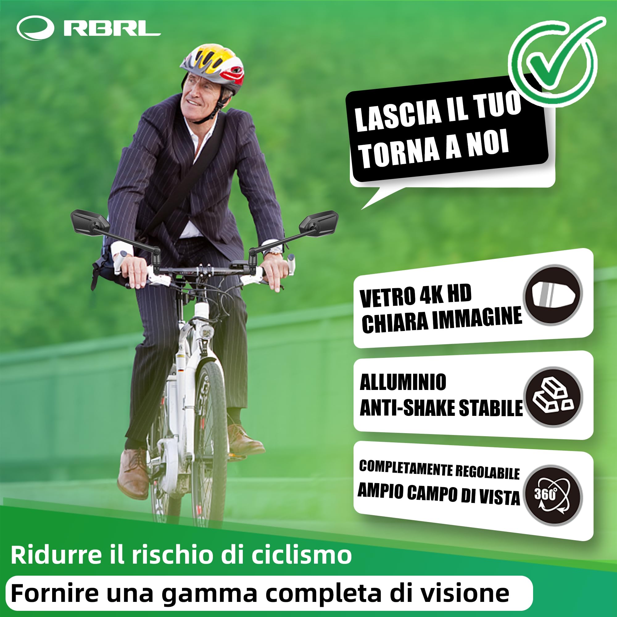 RBRL Specchio da bicicletta per manubrio ProVision in lega di alluminio, infrangibile e durevole, girevole a 360° e pieghevole, per bicicletta elettrica e scooter (a sinistra)