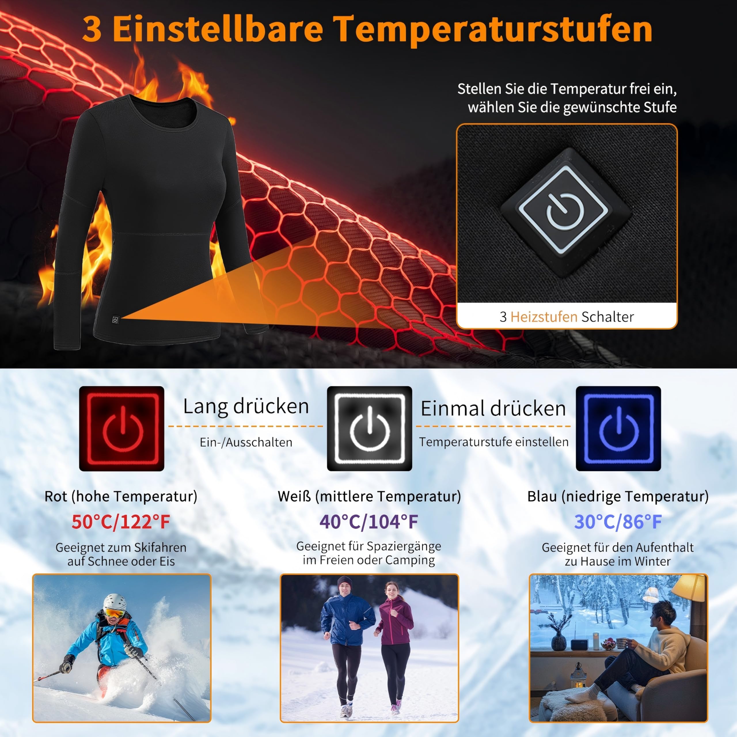Beheizbare Unterwäsche Herren Damen, USB-Thermo Unterhemd mit Akku, 16 Zonen, Thermounterwäsche Beheizbare Oberteil für Joggen
