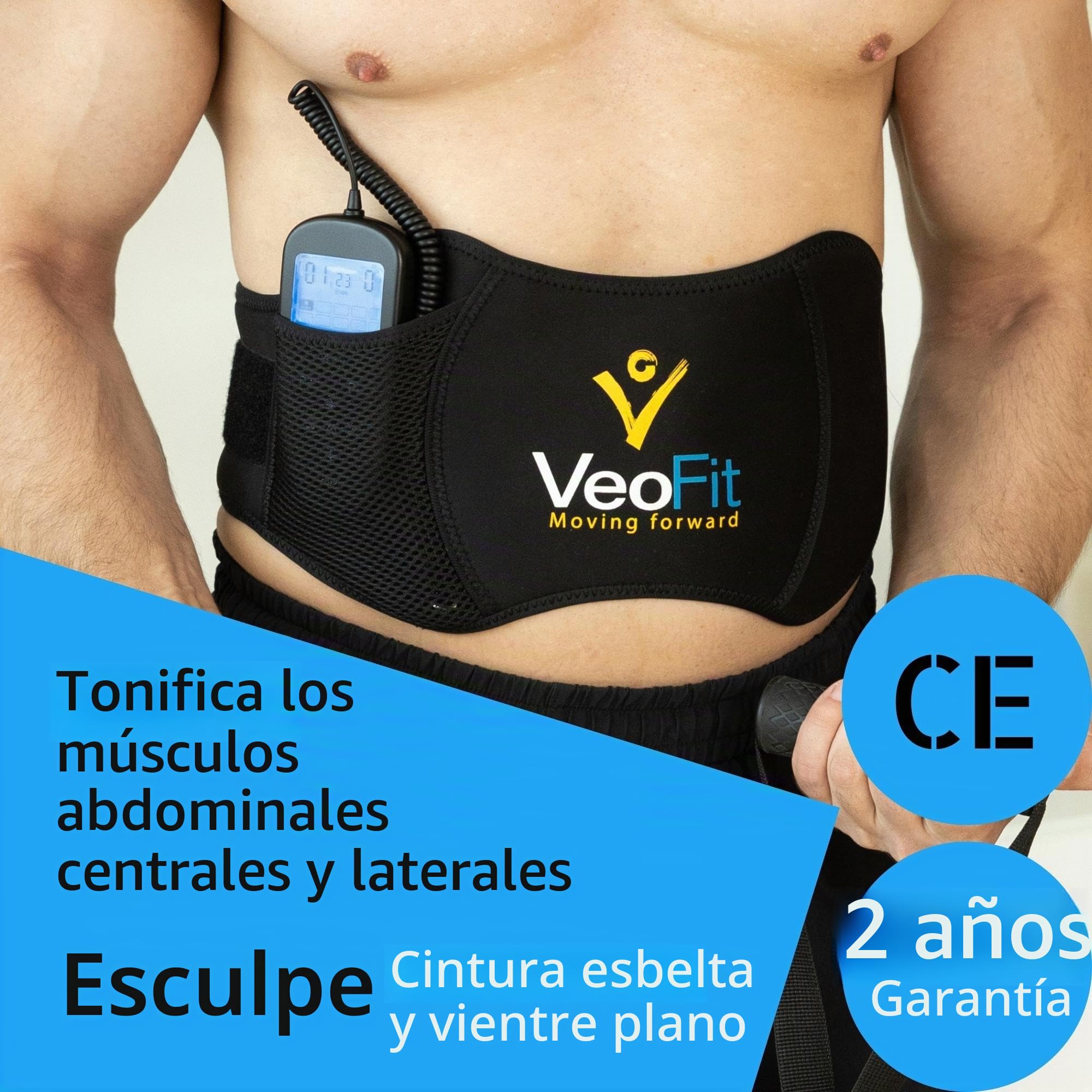 VEOFIT - Cinturón abdominal electroestimulador muscular abdominal para hombre y mujer, 10 programas de 99 intensidades, inalámbricos, sin geles, talla máxima: 140 cm