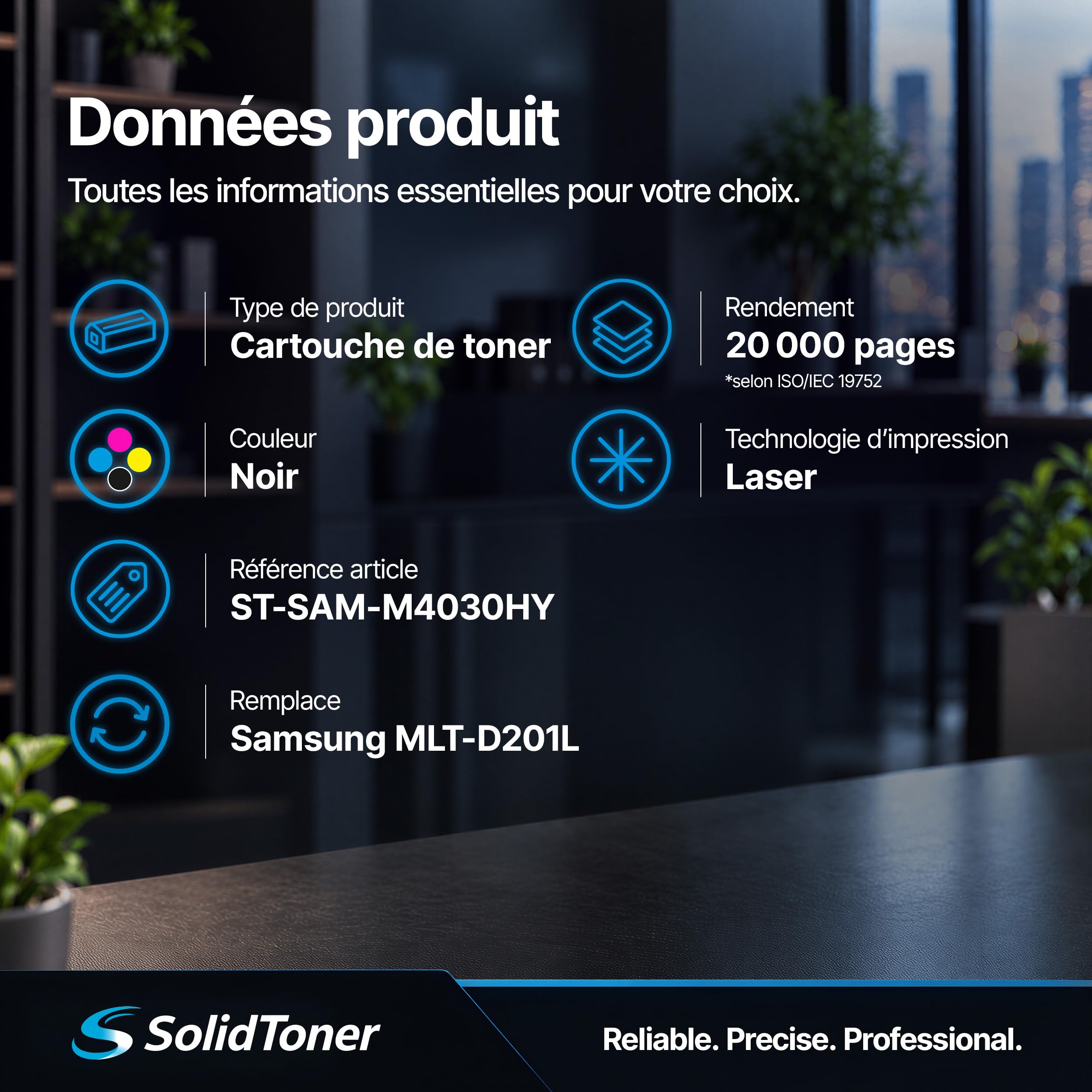 Cartouche de Toner Noir 20 000 Pages remplace Samsung MLT-D201L
