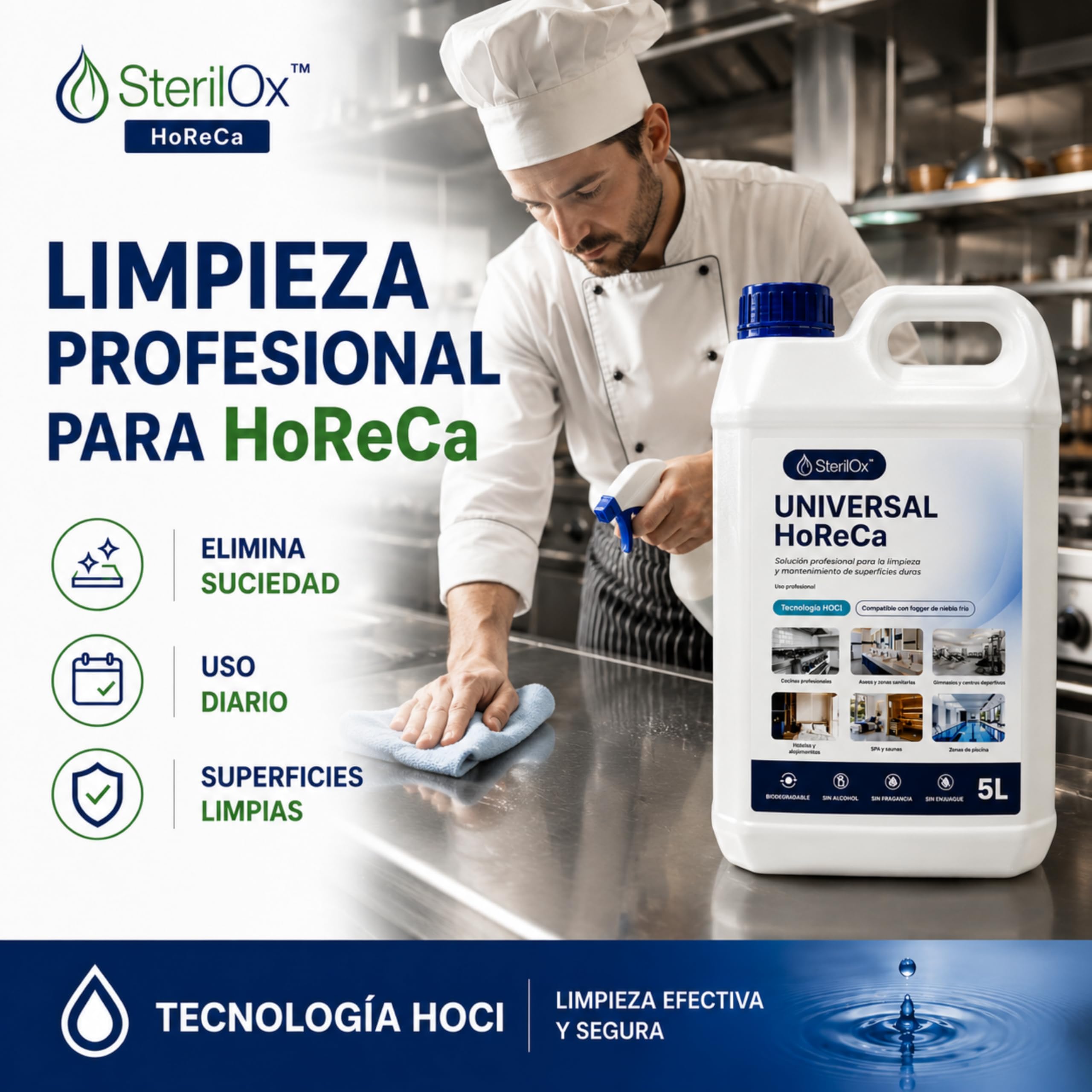 Universal HoReCa 5L - Prodotto Professionale per la Pulizia con Acido Ipocloroso HOCl - Senza Alcol, Senza Risciacquo - Per Cucine, Hotel, SPA, Palestre - Compatibile con Fogger