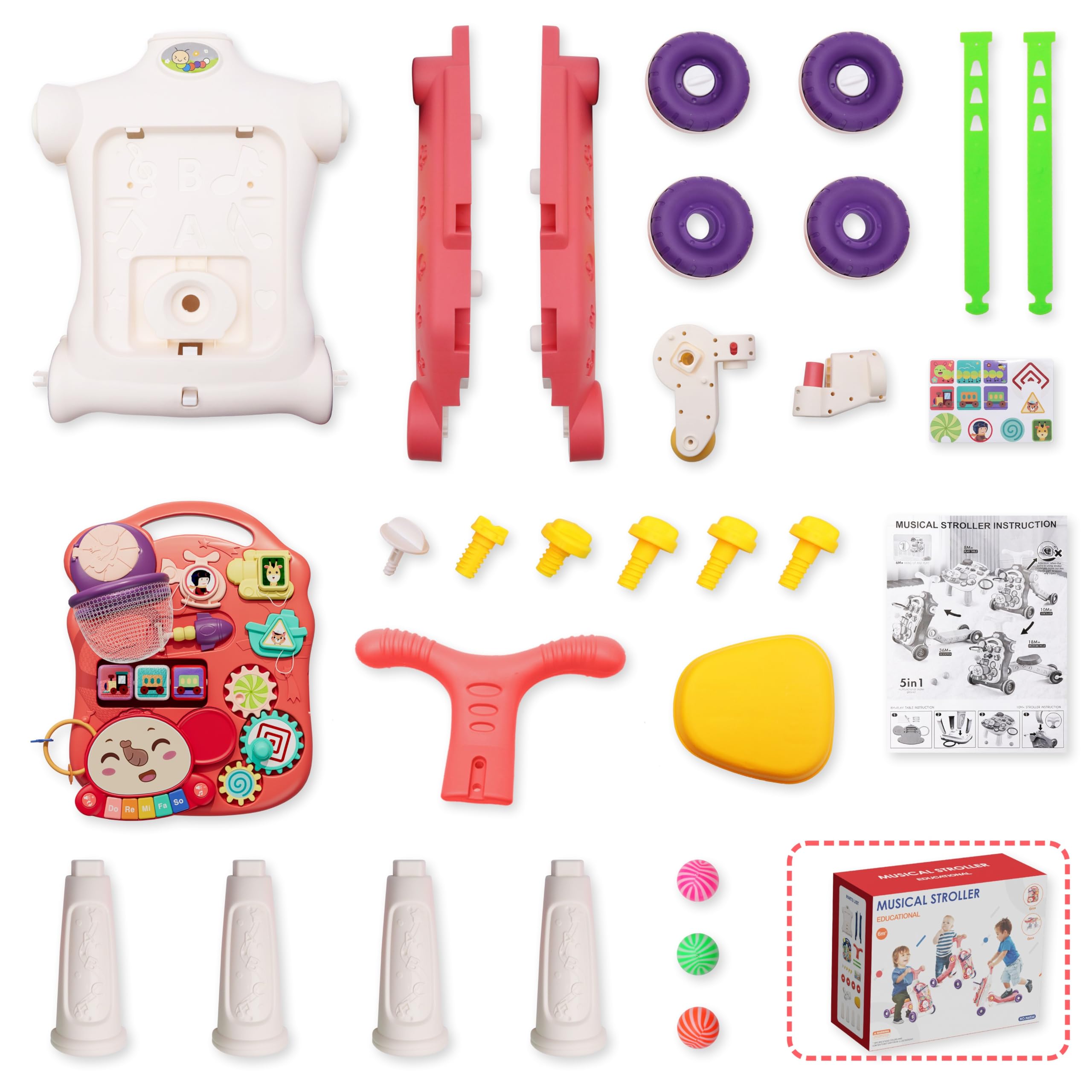 5 en 1 Trotteur Bébé Fille, Chariot de Marche Bebe, Centre d'Activité, Apprendre à Marcher, S'asseoir, se Tenir Debout, Apprendre les Premiers Enfants, Jouet Push pour Tout-petit de 12 mois