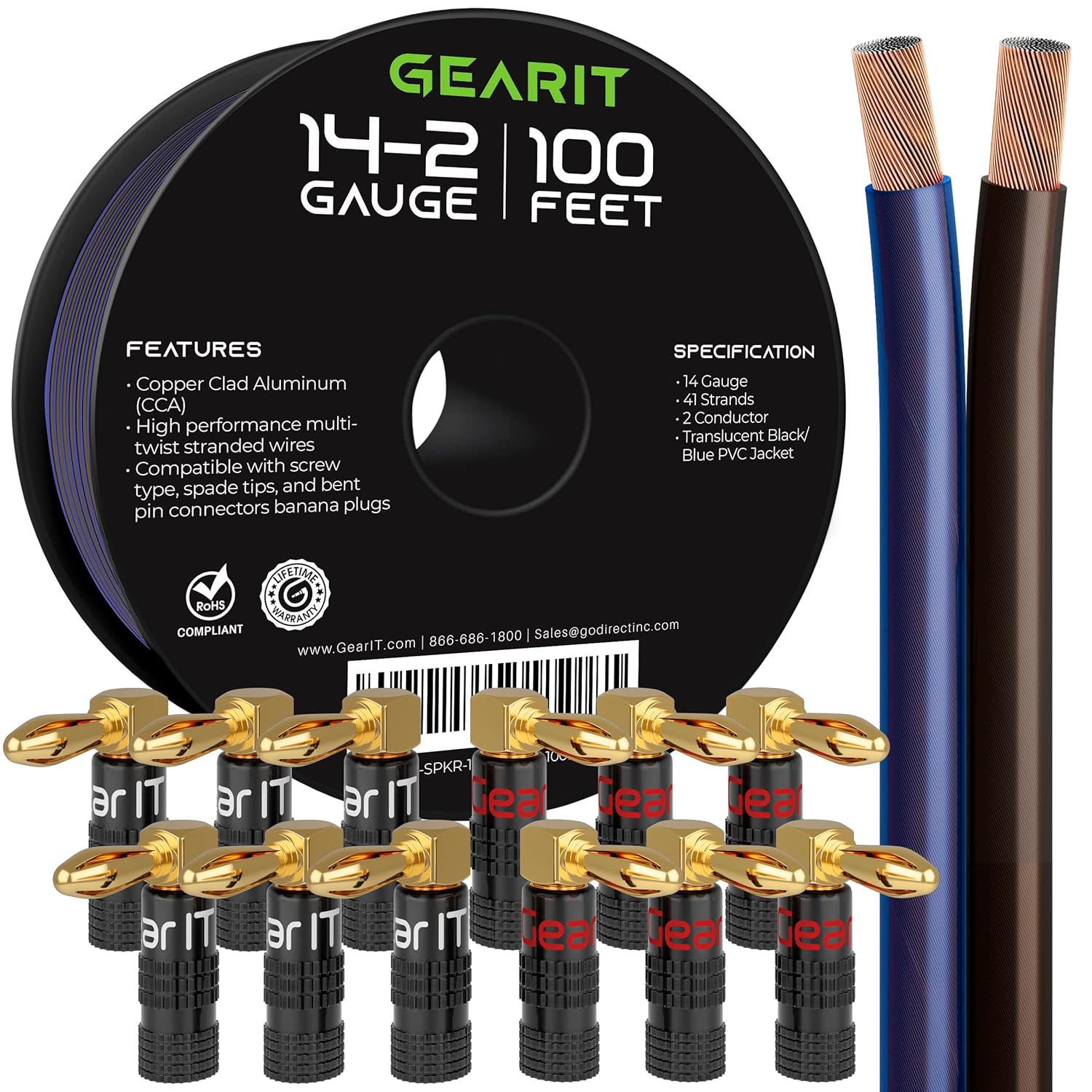 GearIT 100ft 14ga Translucent Blue/Black Speaker Wire & 12 Rt Angle Banana