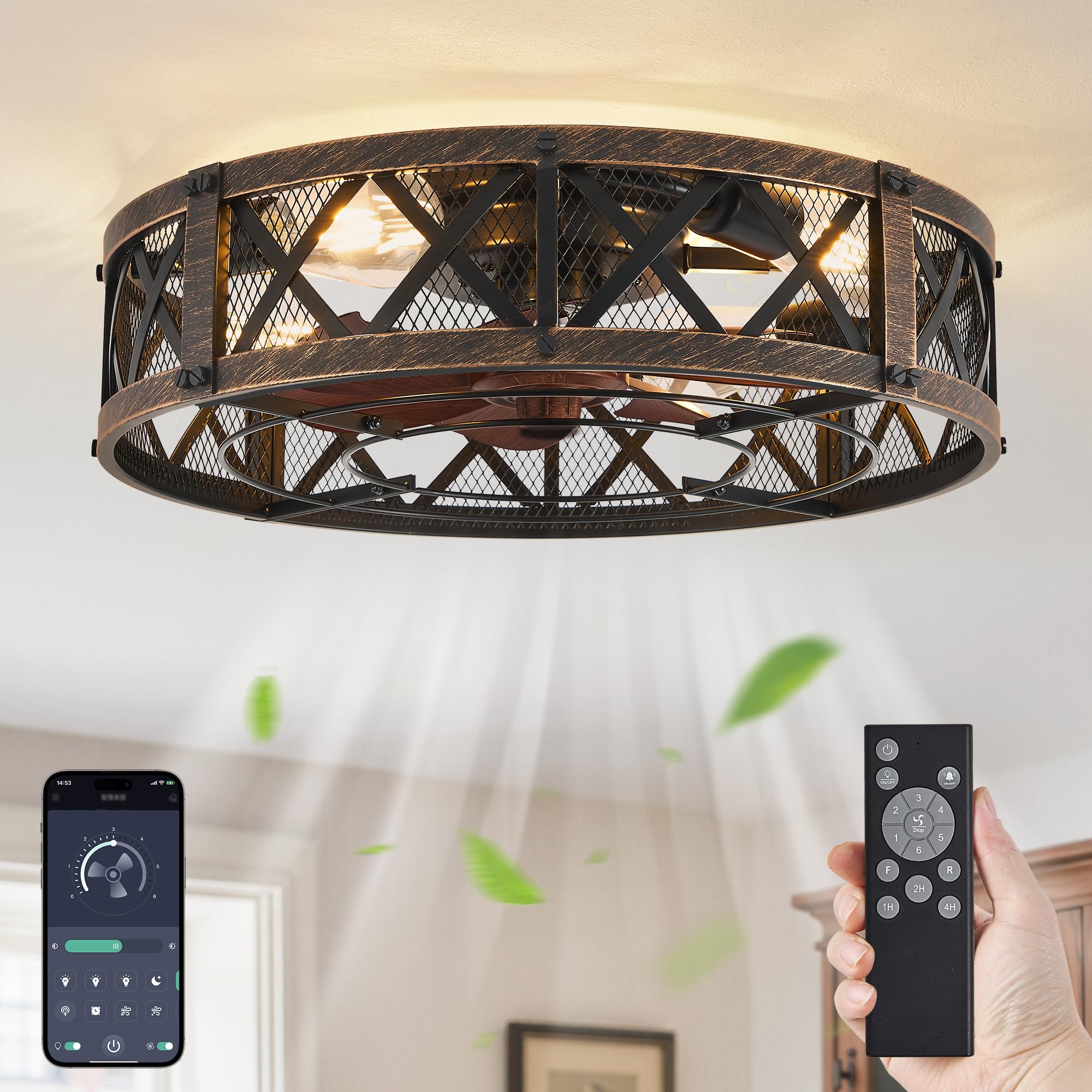 lediary 20" caged ceiling fan with light, app&remote control, small flush mount farmhouse fan lights, low profile rustic bladeless ceiling fan fixtures for bedroom, kitchen-black gold color