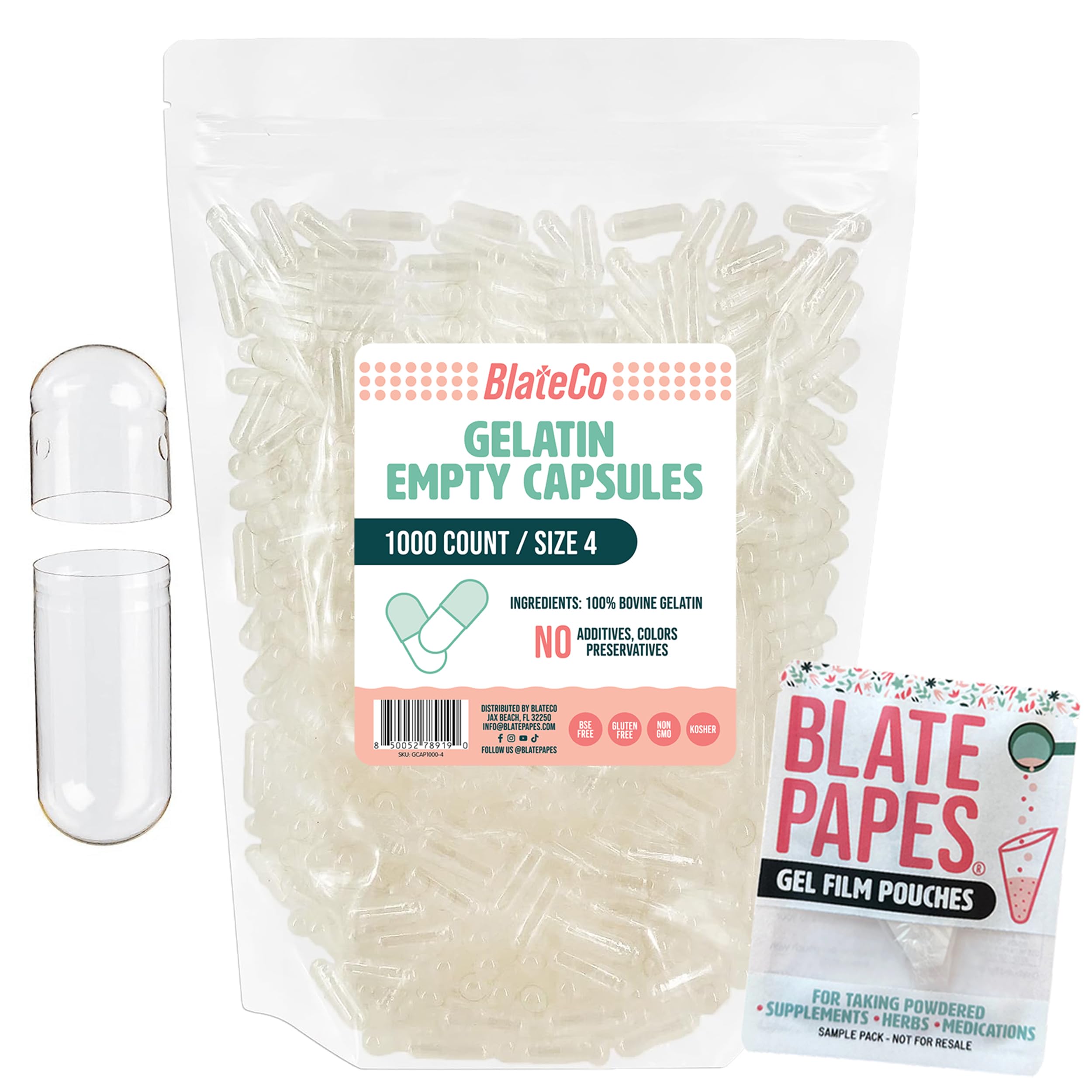 BlateCo Premium Size 4 Empty Gelatin Capsules, 1000 Count (Clear) with Blate Papes® Gel Film Pouches - New, Non-GMO Fillable Pill Caps in a Resealable Bag - Nothing Artificial, Ever.