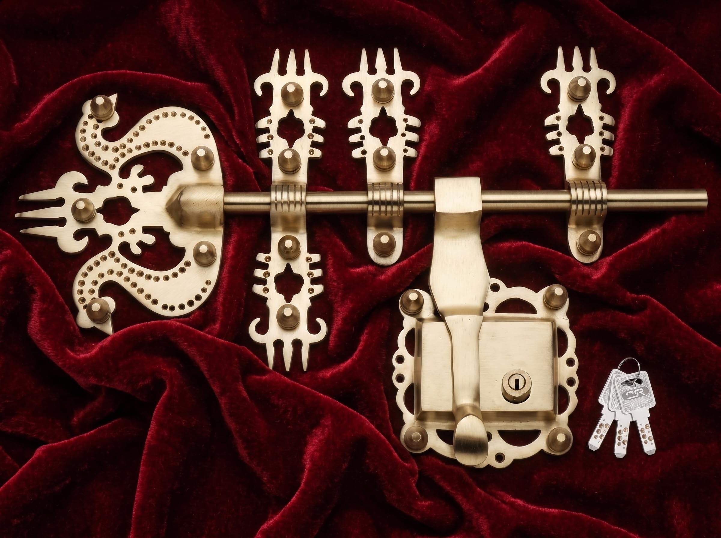 South Handcrafted Trishul (Trident) Brass Mani Chitral Aldrop Lock for Double Door | 24 Inch Traditional Heavy-Duty Main Door Latch | 18 Inch Solid Rod with 16 mm Thickness-image-17
