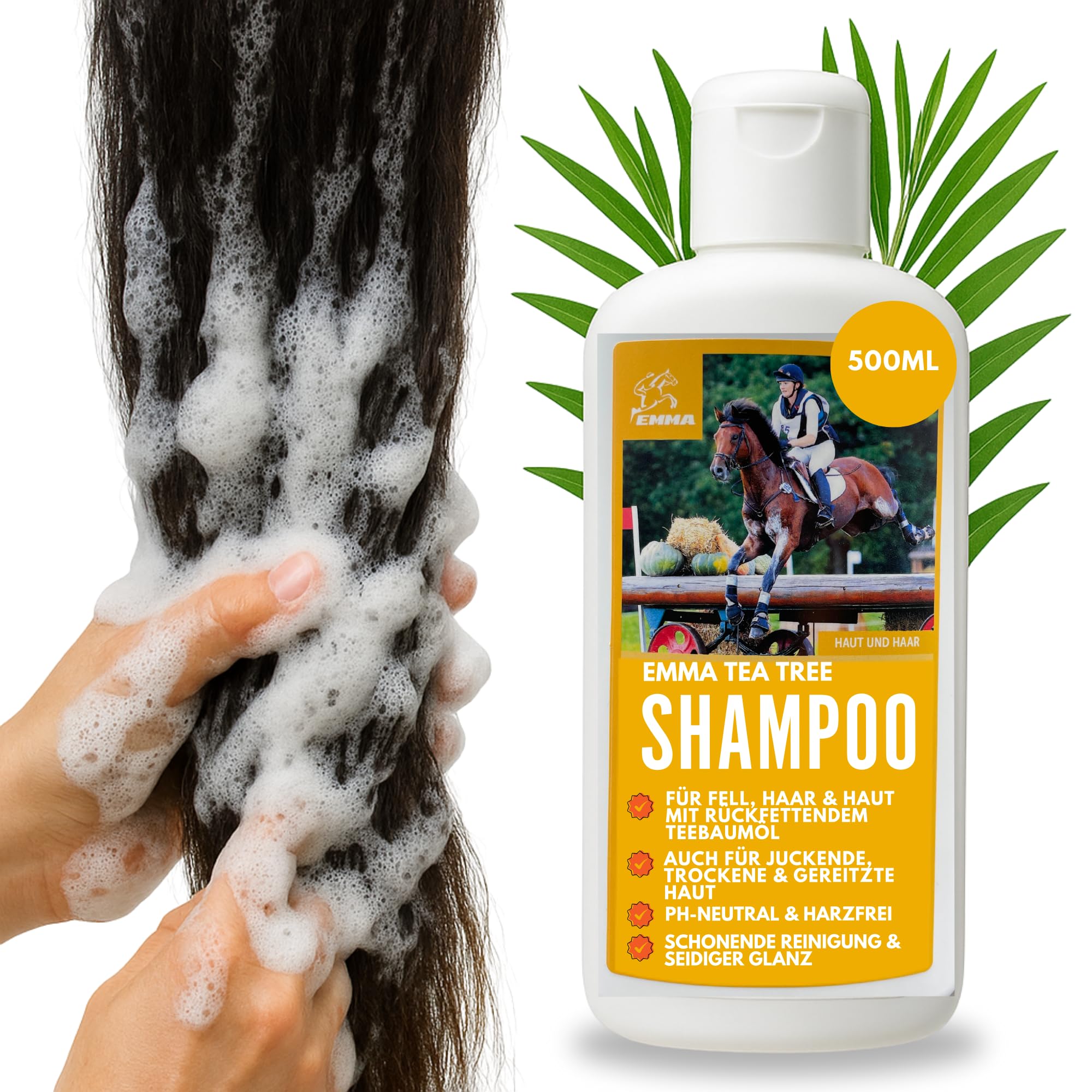Horse shampoo horse care + shampoo for horses with tea tree oil for coat & mane, tail, ph-neutral & mild, also for sensitive, dry, itchy, flaky & scabby skin I hair shampoo for the skin & removes dust and dirt, EMMA®, 500 ML