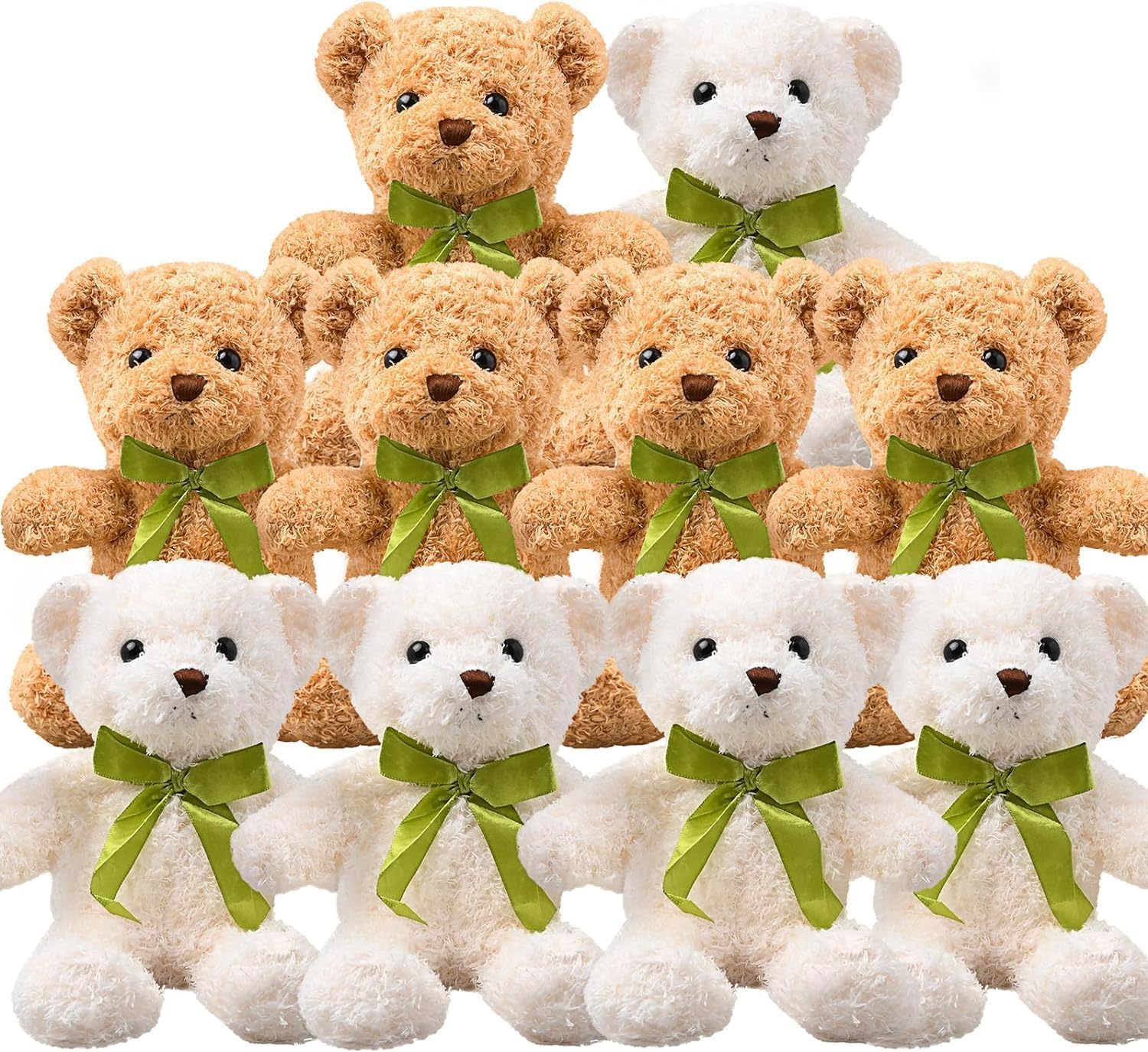 MALLOOM 10 pièces de Petits Ours en Peluche avec nœuds détachables, Ours en Peluche de 25 cm, Jouets en Peluches pour fête prénatale, Cadeau d’Anniversaire, décorations de fête (Kaki, Blanc)