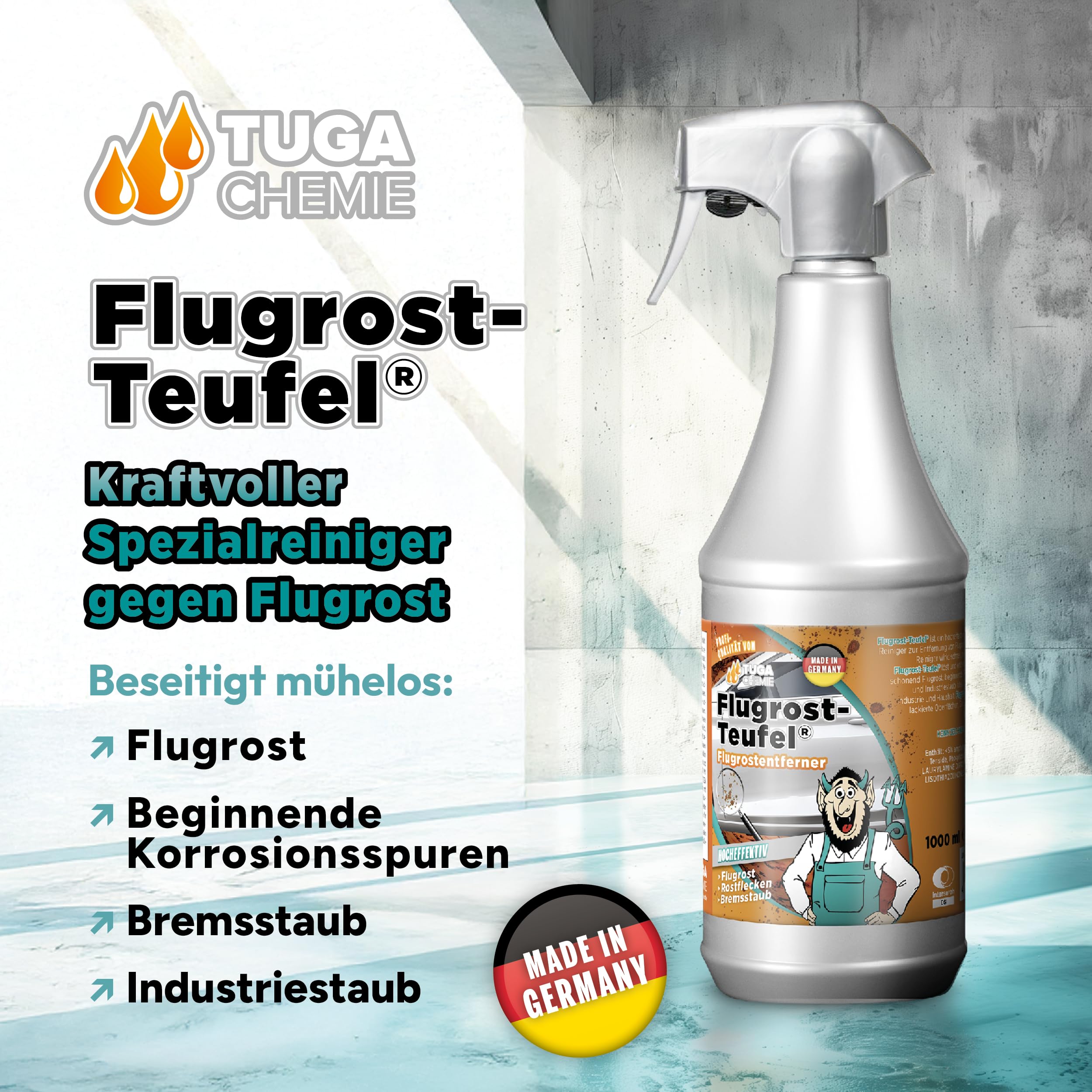 TUGA Chemie Flugrost-Teufel Flugrostentferner pH hautneutral, 5 L Kanister | für Lack, Chrom & Felgen, pH-hautneutral, mit Wirkindikator, Made in Germany