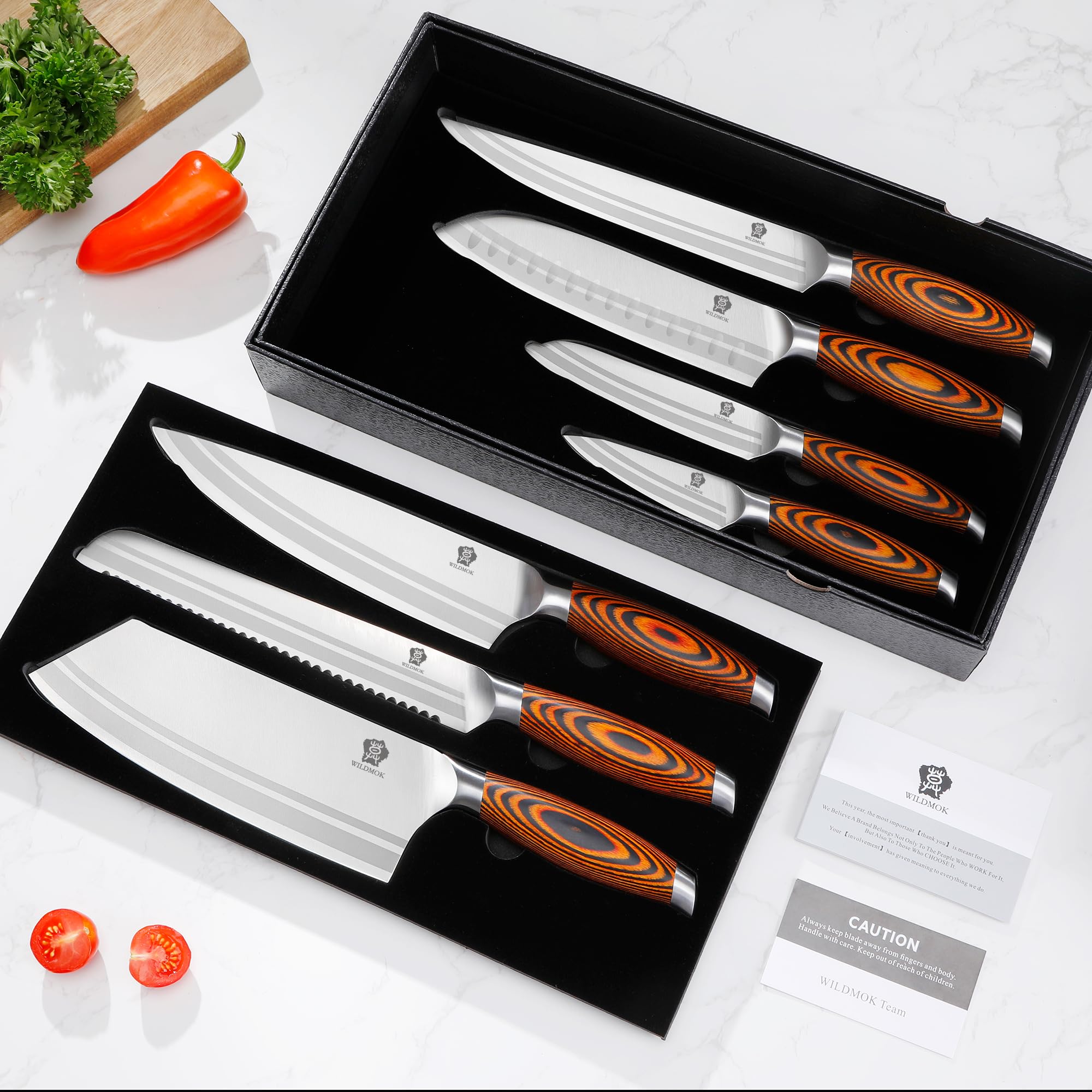 WILDMOK Set di coltelli da cucina 7 pezzi con manico in legno di pakka premium Set di coltelli in acciaio tedesco include set di coltelli da chef mannaia