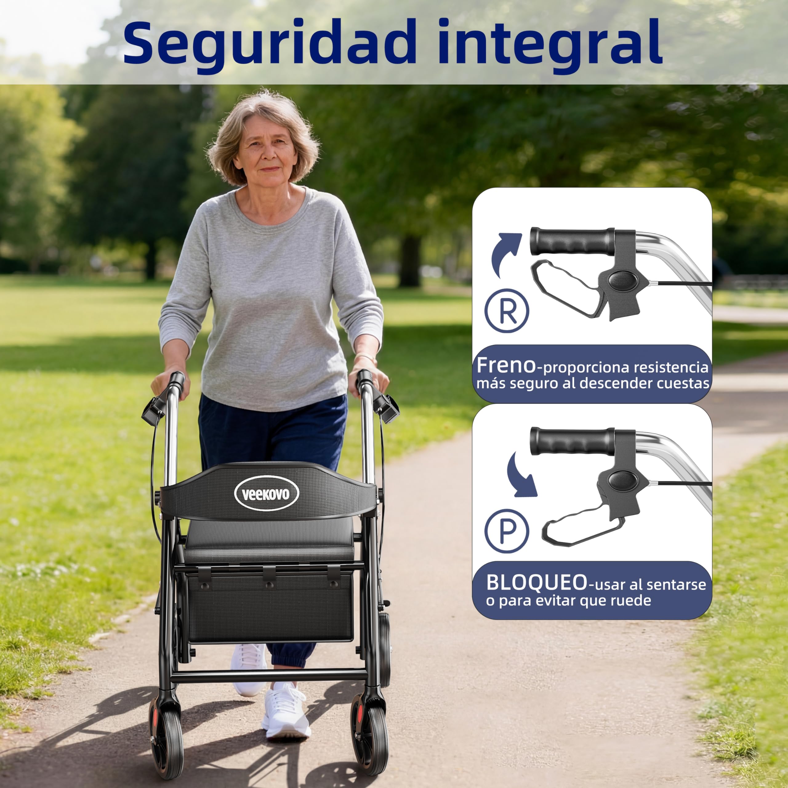 Andador plegable y ligero con asiento, Caminador de ruedas con frenos, Bolso, Ayuda para caminar plegable, Ruedas de goma grandes de 20 cm para todo el terreno. (DW4)