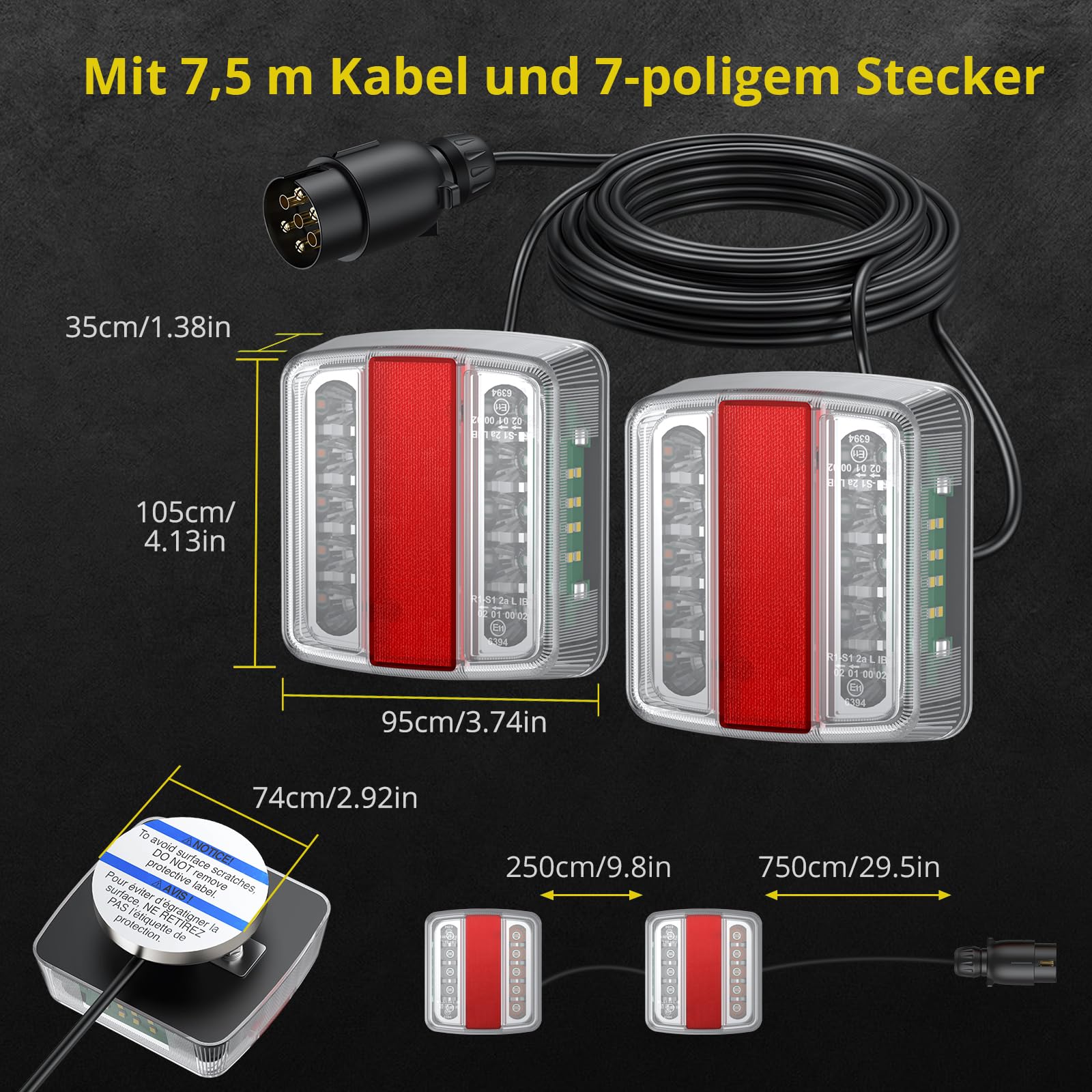 PROZOR LED Rückleuchte Set 12V Anhänger Beleuchtung 18 LEDs Verkabelt Rücklicht Set mit Magnet 7,5m Kabel 7 Polig Anhängerbeleuchtung Rückleuchte IP65 Wasserdicht E11 ECE