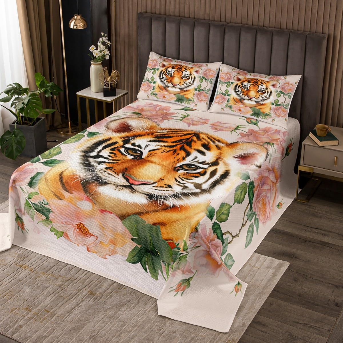 Erosebridal Cute Tiger Quilted Coverlet, Flower Leaves Coverlet Set for Kids Boys Girls Teens, African Safari Animal Bedspread King Size, Floral Garden Quilt Room Decor Guest Room Decor