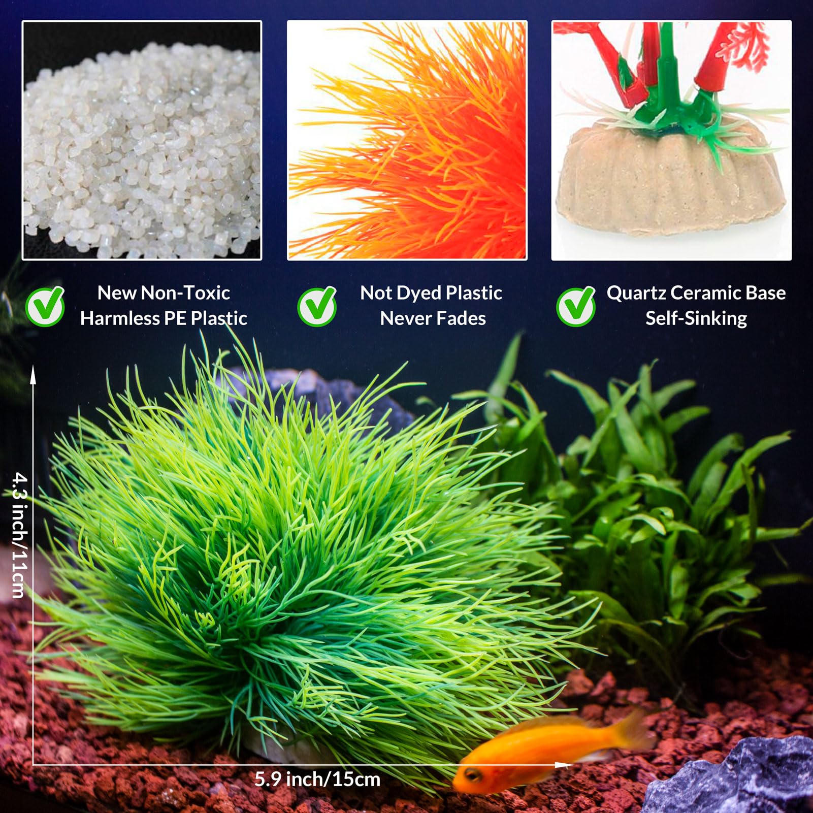 TAOMYPETS Fish Tank Decorations Aquarium Plants Plastic Artificial Décor (Light Green), 4 cm x 3 cm x 3 cm - Image 2