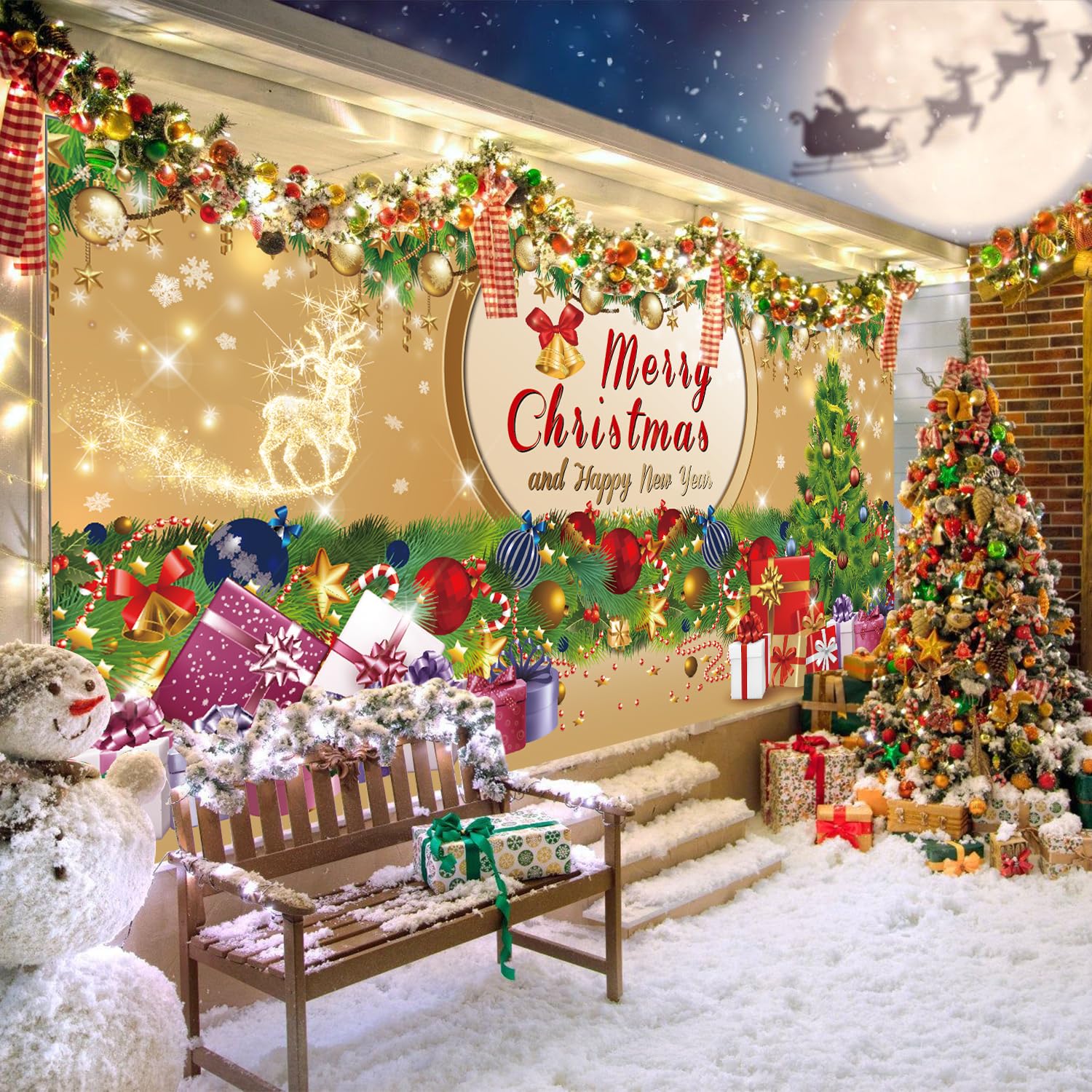 Weihnachts-Garagentor Banner 6x13 Fuß (185x400 Cm) – Mit Schneemann, Weihnachtsmann & Elfen, Polyester, Inkl. Aufhängeschnur