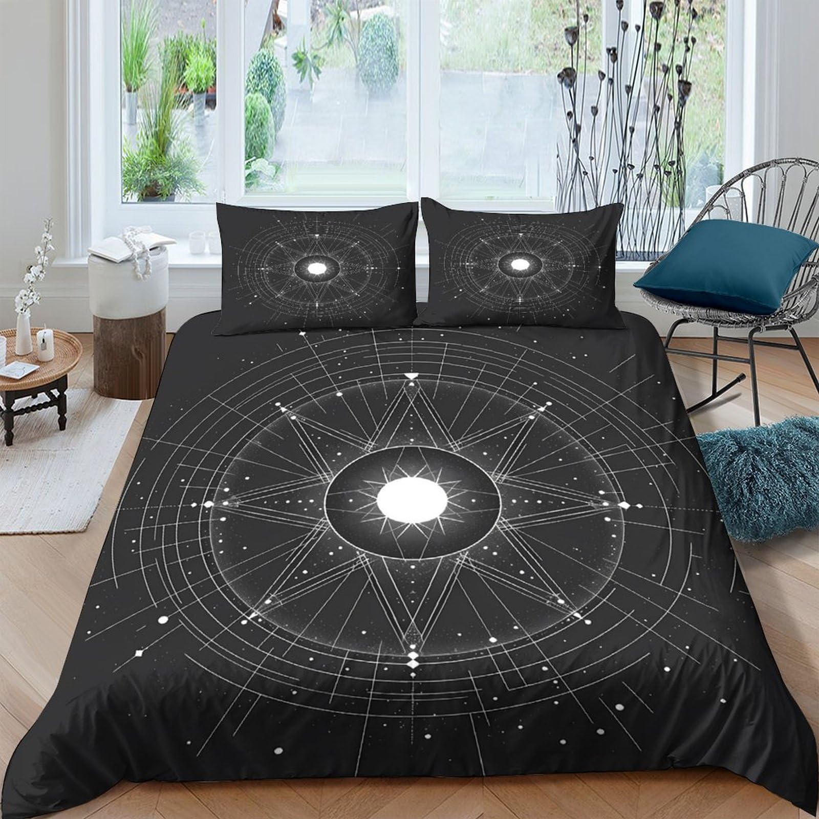 Ctjqhvkz Style-4 3D Printed Geometric Mandala Fitted Sheet Microfiber Soft Black Star Pattern Bed Cover For Bedroom Guest Room Decor Single（135X200cm）
