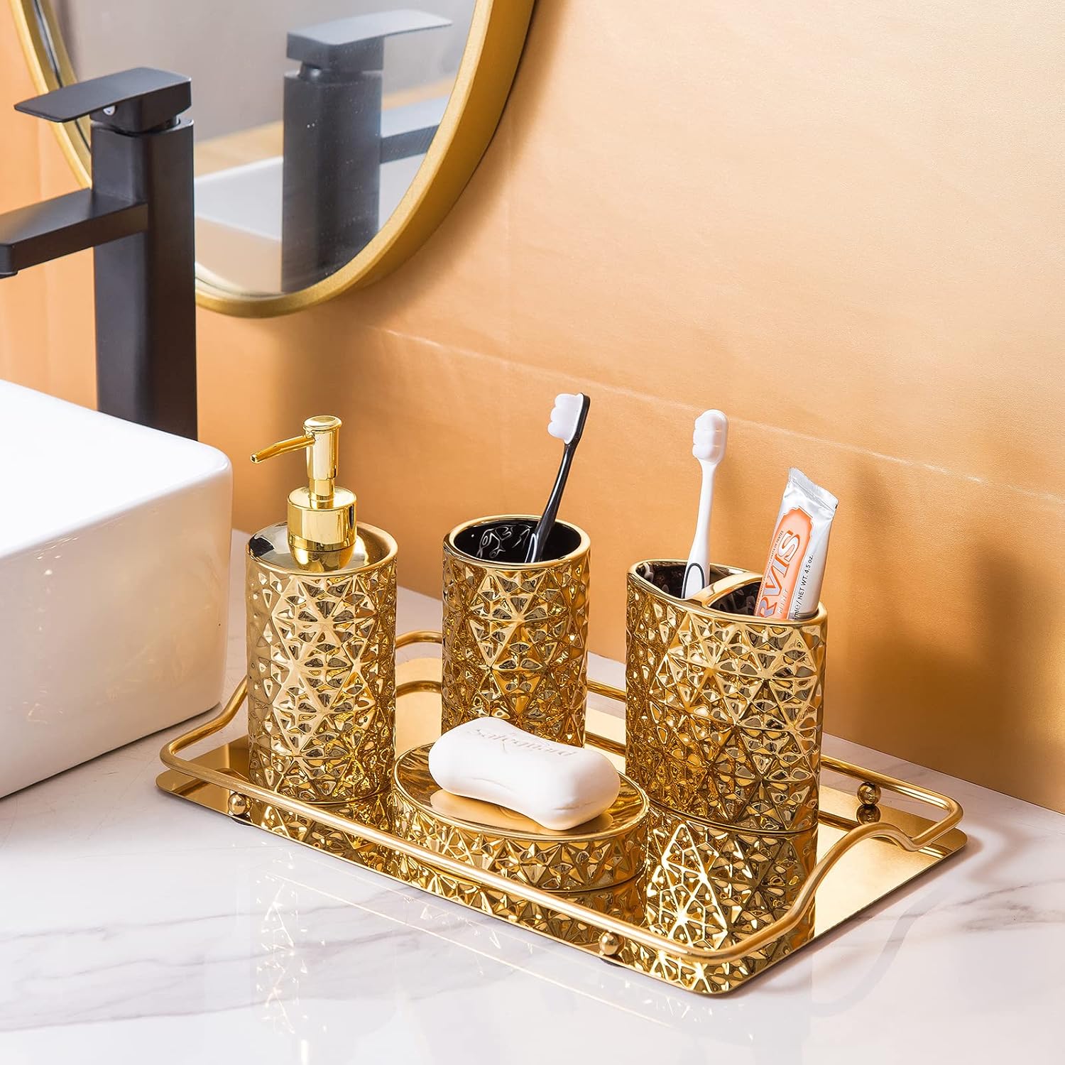 Bathroom Accessories Set 5 Piece Bath Ensemble Includes Trash Can,Toothbrush Holder,Toothbrush Cup,Soap Dispenser,Soap Dish for Decorative Countertop and Housewarming Gift,Yellow Gold