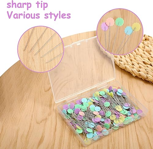 Miniatura 3 de 200 alfileres rectos para coser con cabezas de flores de colores, alfileres de cabeza recta, alfileres de cabeza plana, nociones de costura para