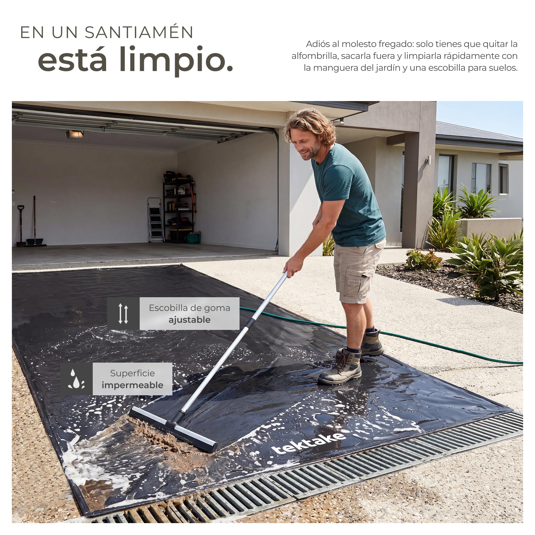 tectake® Tapete Garaje, Gomas Antideslizante, Protector Suelo 2,4 x 5,5 m, Borde Elevado, Incluye Extractor Extensible, Alfombra Antideslizante, Alfombra Protectora de Suelo - Negro