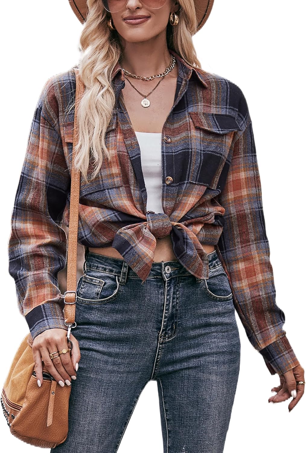 Oyamiki Womens Casual Cuffed Long Sleeve Boyfriend Button Down Plaid Flannel Shirt Tops