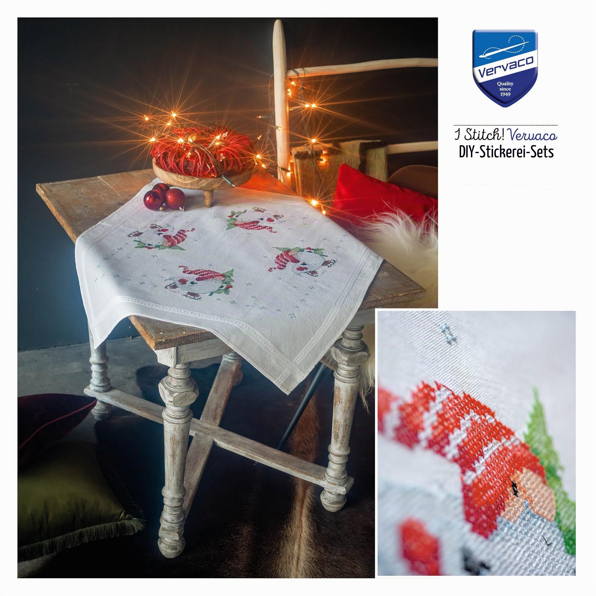 Vervaco Kreuzstich Stickpackungen Tischdecke Weihnachtsgnome Stickdecken Vorgezeichnet Basteln Erwachsene Kreativ Set Vorgedruckte Decke Sticken 80 x 80 cm Stickset DIY Sticken Set