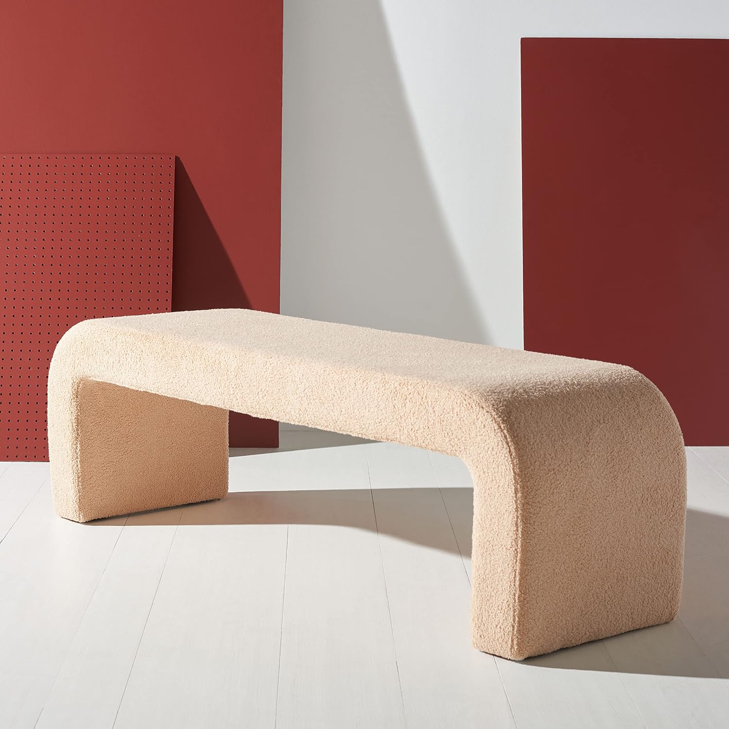 SAFAVIEH Couture - Caralynn Tan Faux Shearling Curved Waterfall Upholstered Bench, Fully Assembled, 62.4" W x 18.1" D x 19.3" H (SFV5027D)