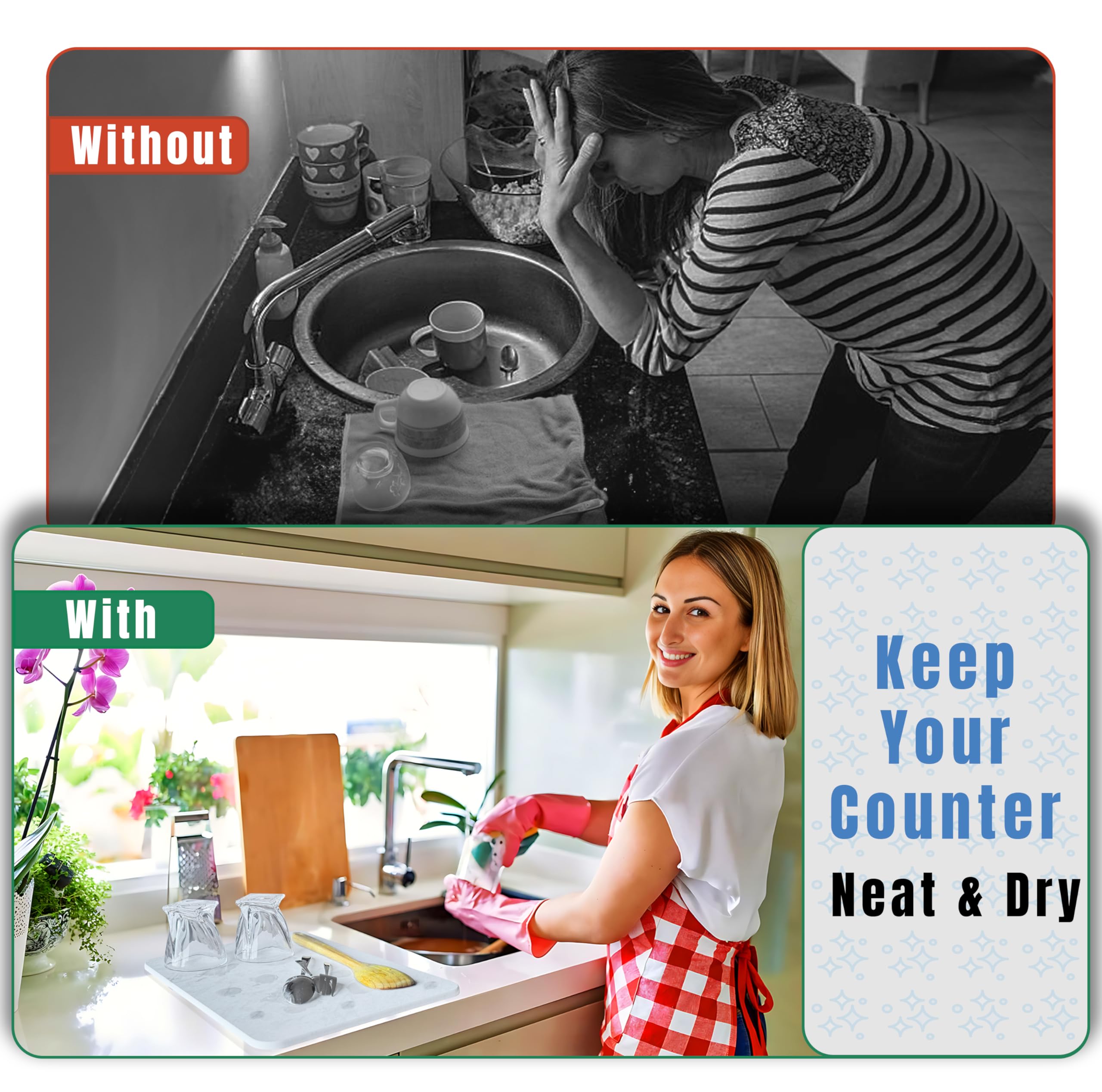 Stone Drying mat for Kitchen Counter - Ultra-Absorbent Diatomite Dish Drying Pad, Eco-Friendly -Non-Slip Design - Perfect for Dishes, Glassware, and Utensils