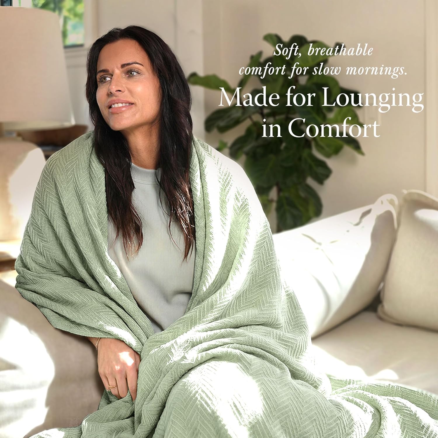 Threadmill Luxury Cotton Blankets Queen Size | All-Season 100% Cotton Blanket for Queen/Full Size Bed | Herringbone Soft Breathable | Sage Green
