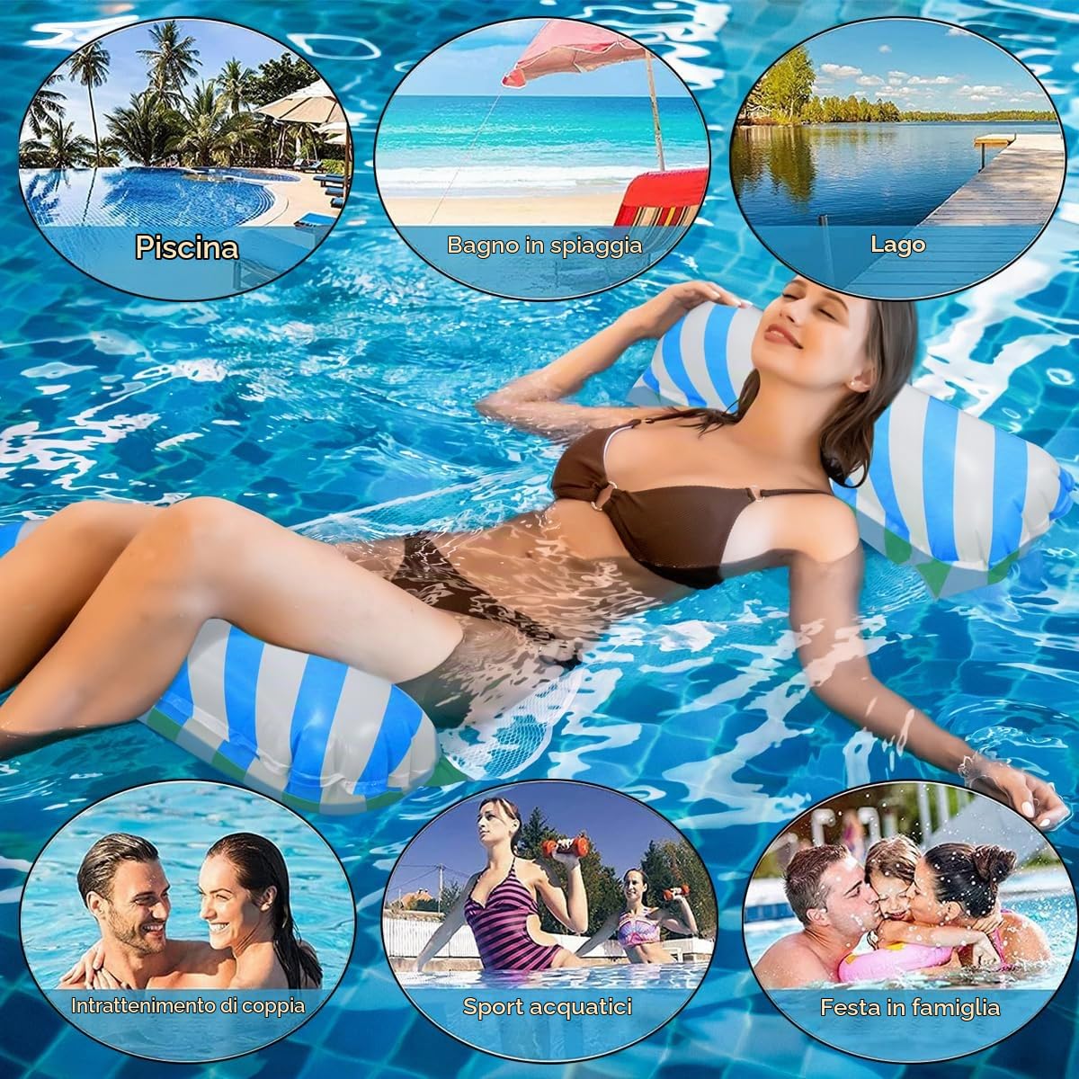 2 Pack,Gonfiabile Letto Galleggiante,4 in 1 Amaca di Acqua Materassino,amaca piscina galleggiante,materassino con rete,amaca mare,Piscina Amaca Galleggiante Mare Poltrona Galleggiante,