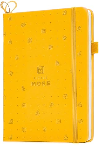 Little More Dot Grid Notebook - Dotted Notebook Journal Hardcover with Thick Paper - Leather Pocket Bullet Planner (7" x 5.5") - Small Diary with Numbered Pages with Pen Loop (Yellow)
