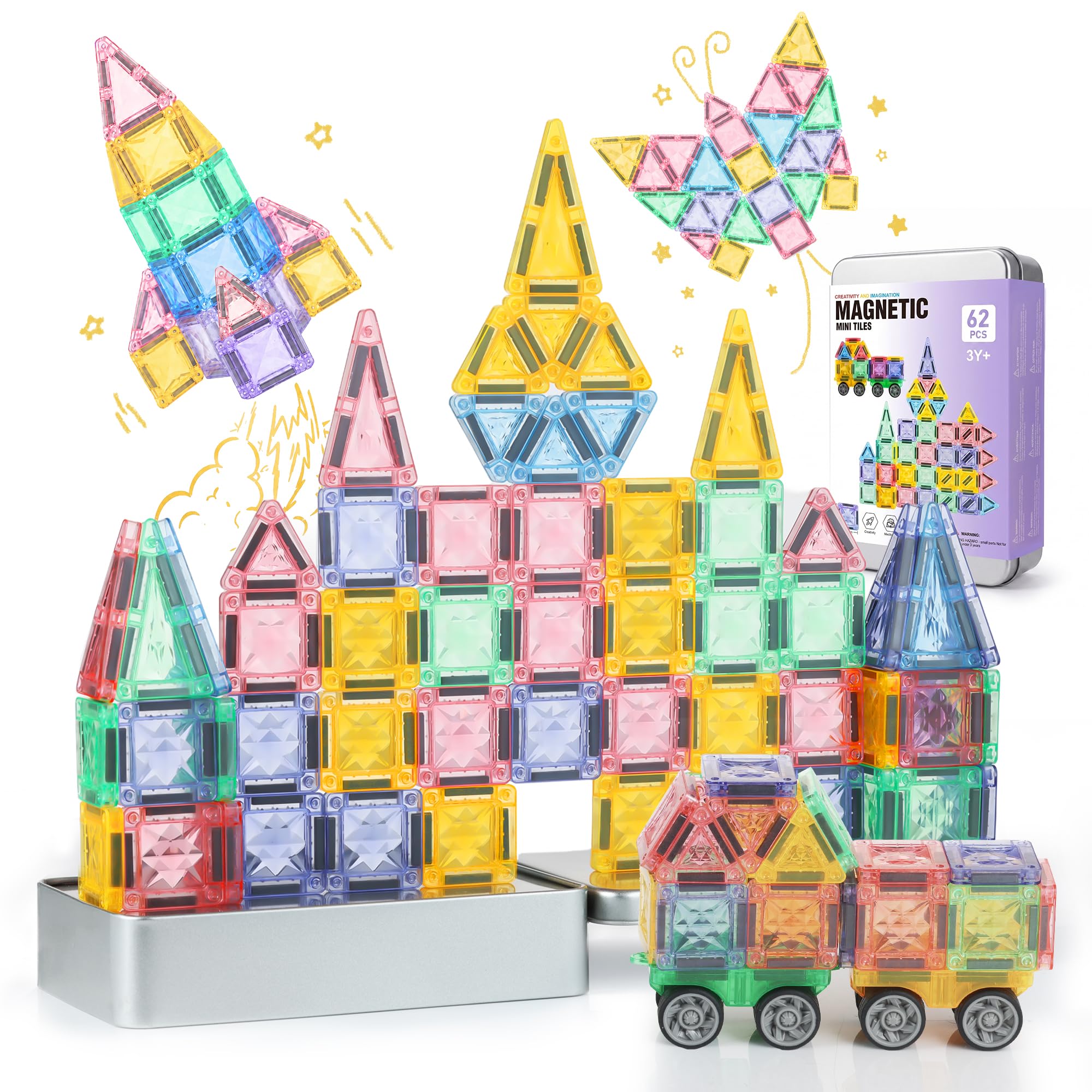 GAGAKU Mini Bloques de Construcción Magnéticos 62 piezas Azulejos Magnéticos, Juguetes para niños a partir de 3 4 5 6+ años niños niñas Bloques Magnéticos Juguetes Sensoriales