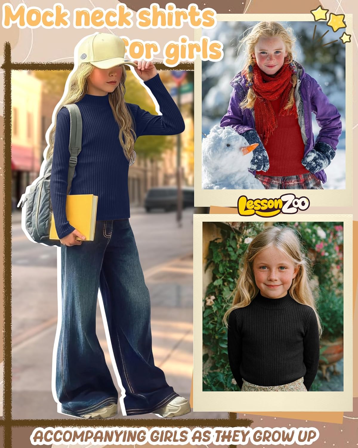 3 Pack Girls' Ribbed Long Sleeve Shirts Cotton Mock Turtleneck Tops Tag Free Knit Base Layer Tee Casual Undershirts - Image 5