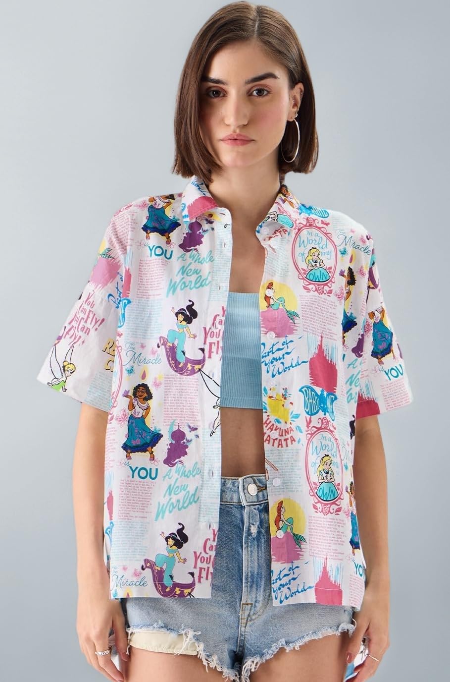 The Souled Store Official Disney 100: Classic Women and Girls Short Sleeves Collared Neck Button Front White All Over Printed Casual Summer Ready Easy to Style Cotton Boyfriend Shirts