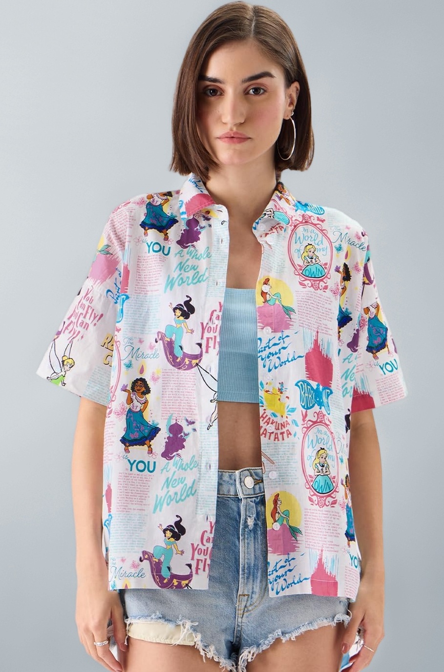 The Souled Store Official Disney 100: Classic Women and Girls Short Sleeves Collared Neck Button Front White All Over Printed Casual Summer Ready Easy to Style Cotton Boyfriend Shirts