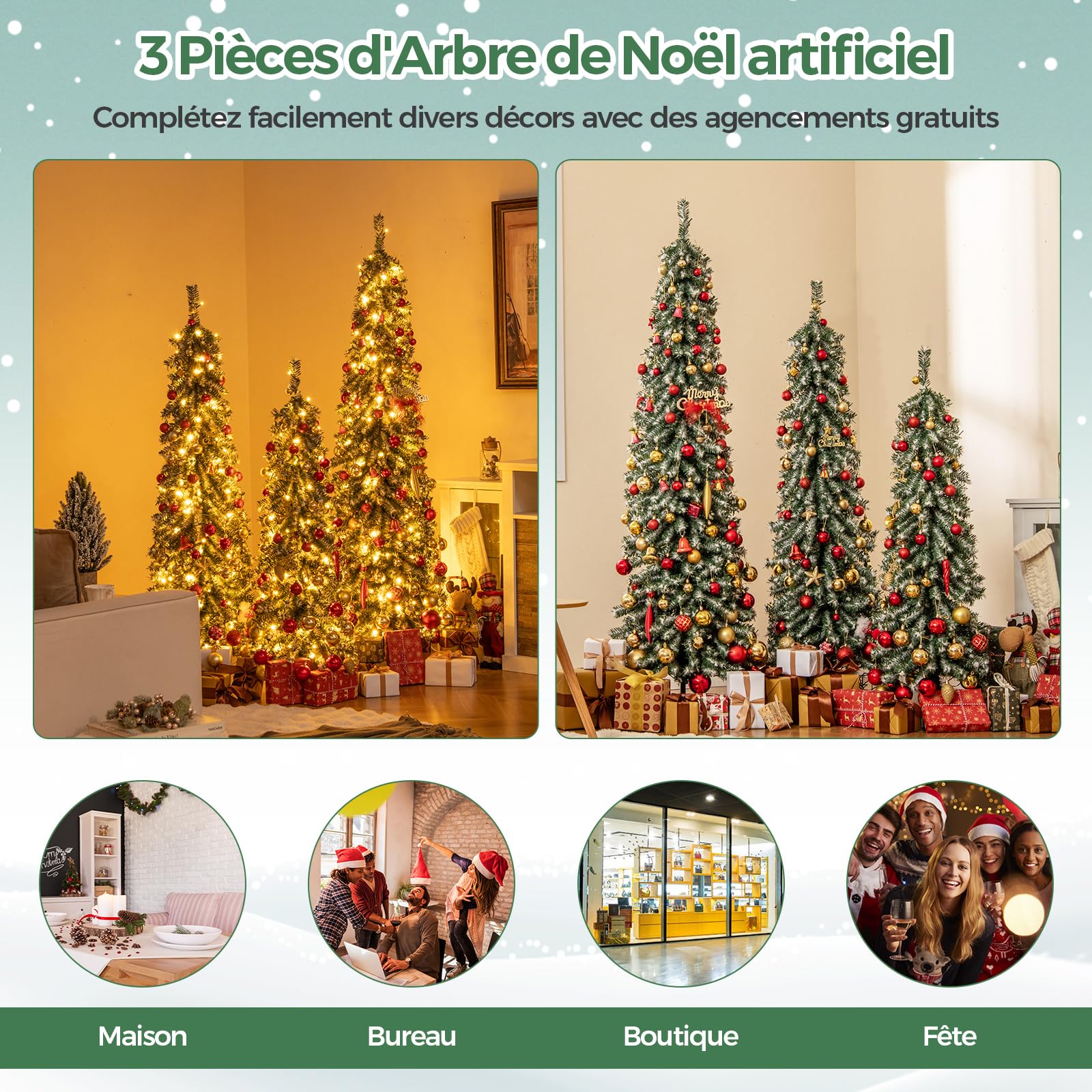 COSTWAY Lot de 3 Sapins de Noël Artificiels de 90 cm/120 cm/150 cm, Sapin de Noël Enneigé avec 129/231/369 Branches en PVC et 50/100/150 Lumières LED Blanc Chaud (Vert, 120+150+180 cm)