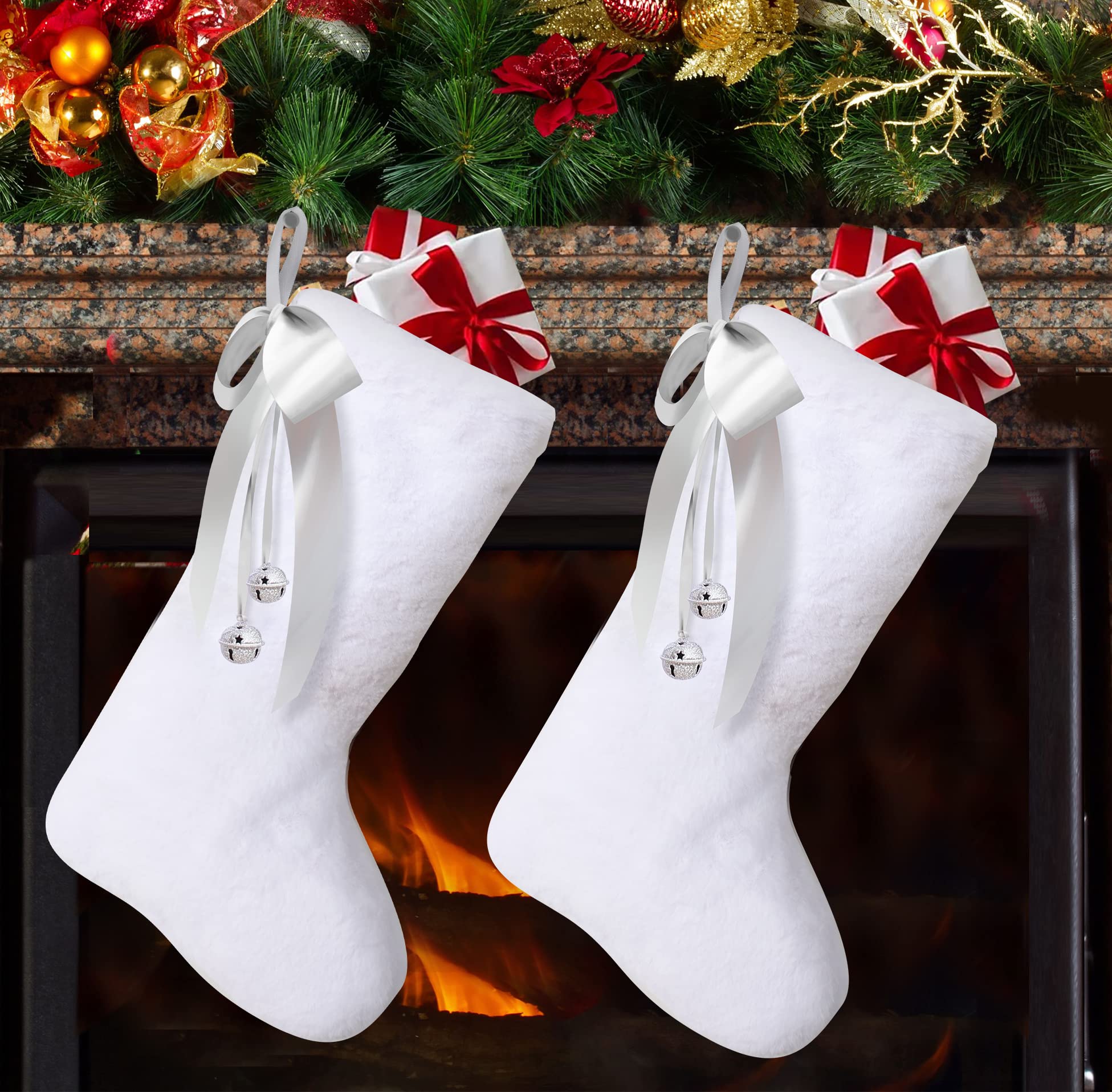 Photo 1 of 2pk- UNIQOOO 2Pcs Handmade Snow White Christmas Stocking Faux Fur with Jingle Bells, Large 22'' Soft Luxurious Xmas Gift Hanging Stocking w/Silver Ribbon Bows for Kids, Holiday Home Fireplace Mantel Décor Snowy White Set of 2