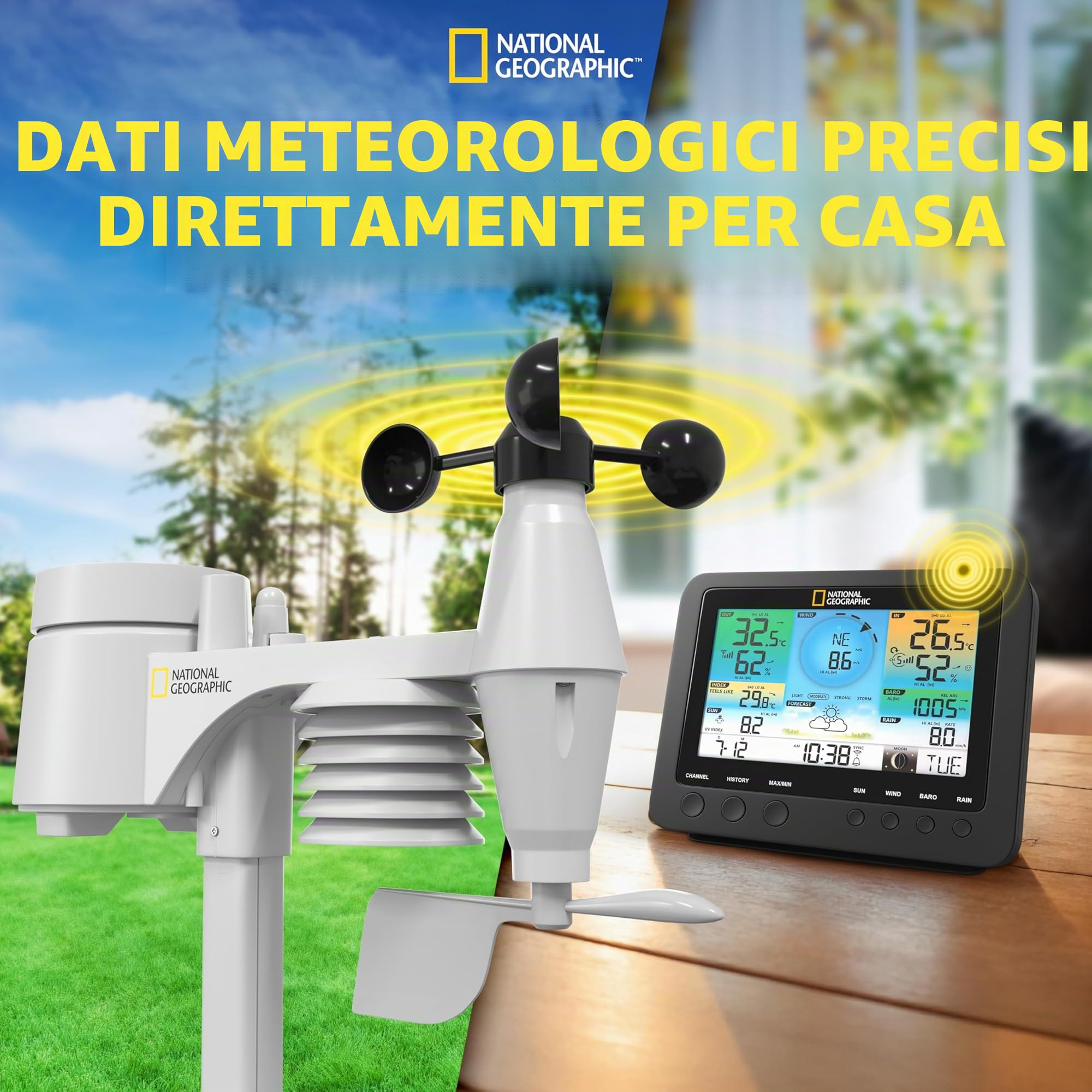 National Geographic Stazione meteo wireless con sensore da esterno WLAN, centralina meteo a colori con sensore 7 in 1 per vento, umidità, temperatura, precipitazioni, livello UV e intensità della luce