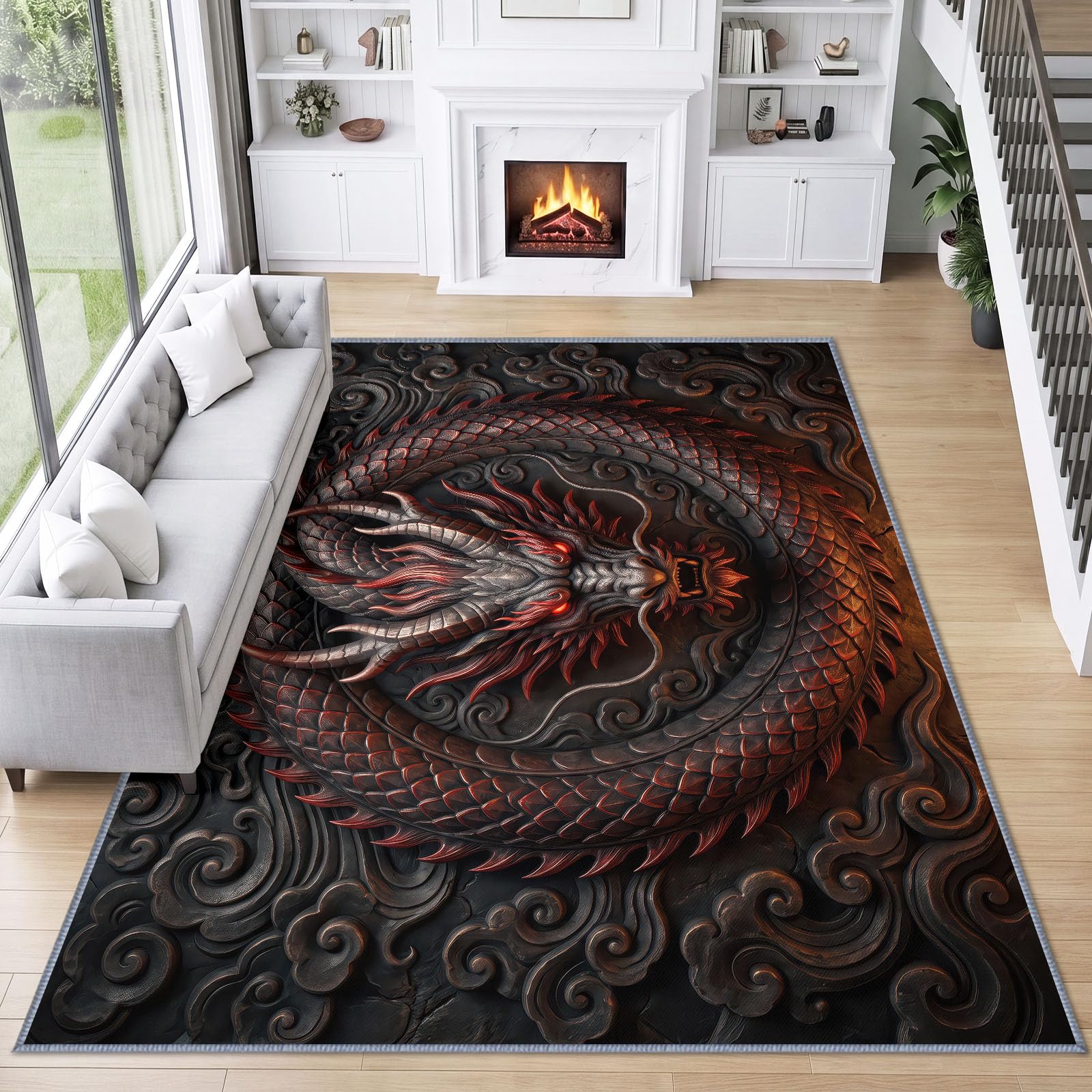 Tapis Oriental Mythologie Asiatique Facile d'entretien Antidérapant, Rouge et Noir Relief de Dragon Tapis 240 x 300 cm Antidérapant Choix Raffiné pour Chambre d'amis ou Salon Salle à Manger Chambre
